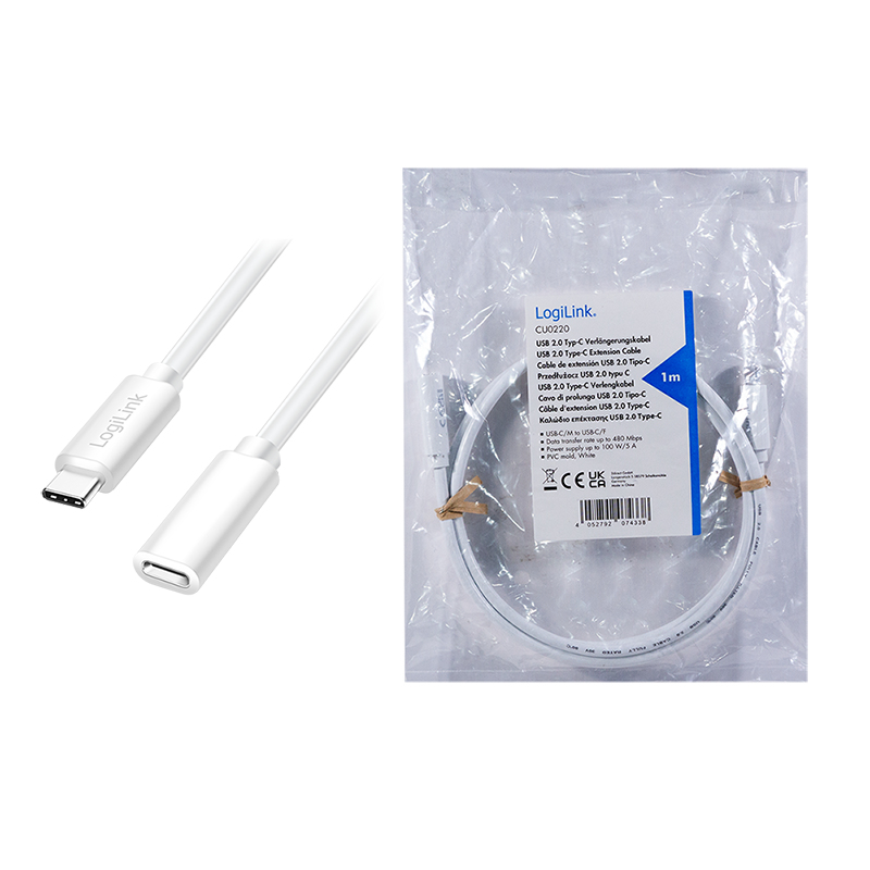 LogiLink CU0220 USB cable USB 2.0 1 m USB C 0.48 Gbit/s 100 W White