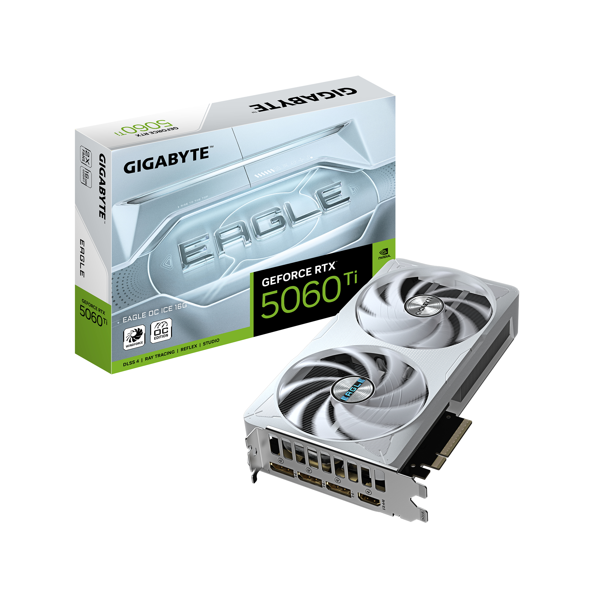 GIGABYTE GeForce RTX 5060 Ti EAGLE OC ICE 16G Tarjeta Gr�fica 16 GB GDDR7, 128 bits, PCI-E 5.0, 2617 MHz Frecuencia del n�cleo, 3 x DisplayPort, 1 x HDMI, GV-N506TEAGLEOC ICE-16GD