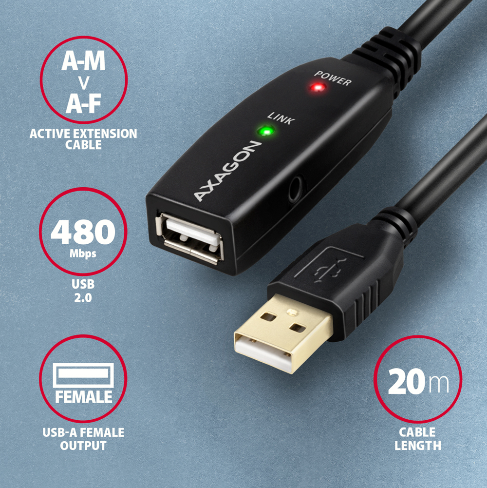 Axagon ADR-220 USB 2.0 A-M -> A-F active extension/repeater cable 20m - Kabel - Digital/Daten USB cable USB A Black