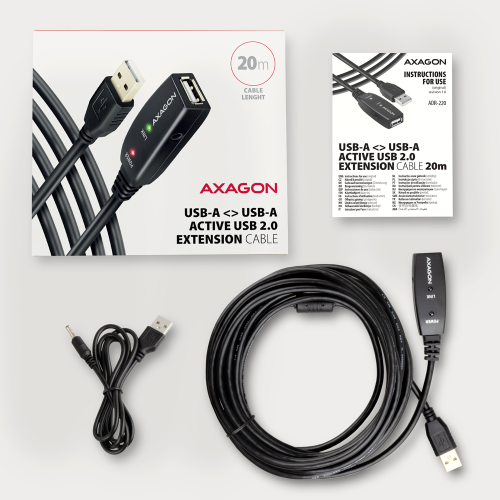 Axagon ADR-220 USB 2.0 A-M -> A-F active extension/repeater cable 20m - Kabel - Digital/Daten USB cable USB A Black