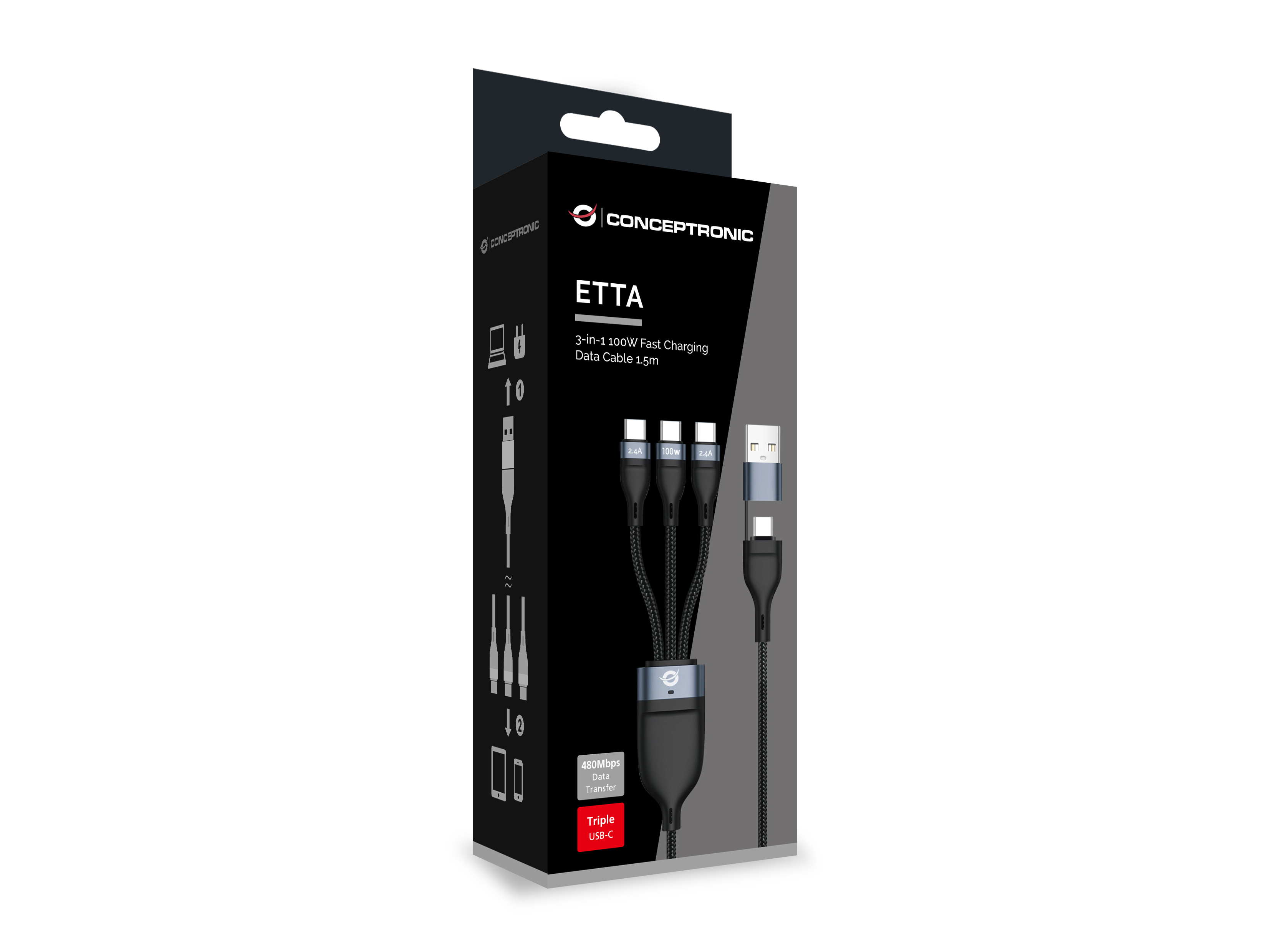 Conceptronic ETTA06B15C 3-in-1 100W Fast Charging Data Cable 1.5M, Triple USB-C, USB 2.0, E-Mark