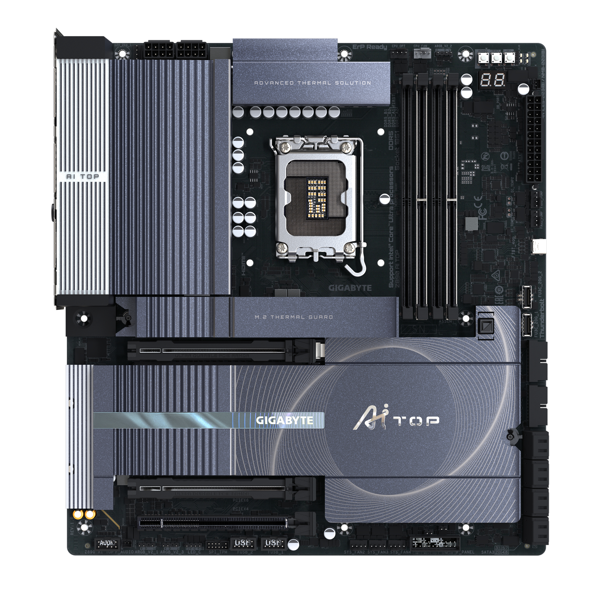 GIGABYTE Z890 AI TOP Motherboard - Supports Intel Core Ultra (Series 2) CPUs, 16+1+2 phases VRM, up to 9500MHz DDR5 (OC), 1xPCIe 5.0 + 3xPCIe 4.0 M.2, Wi-Fi 7, 10 GbE LAN, Thunderbolt 5