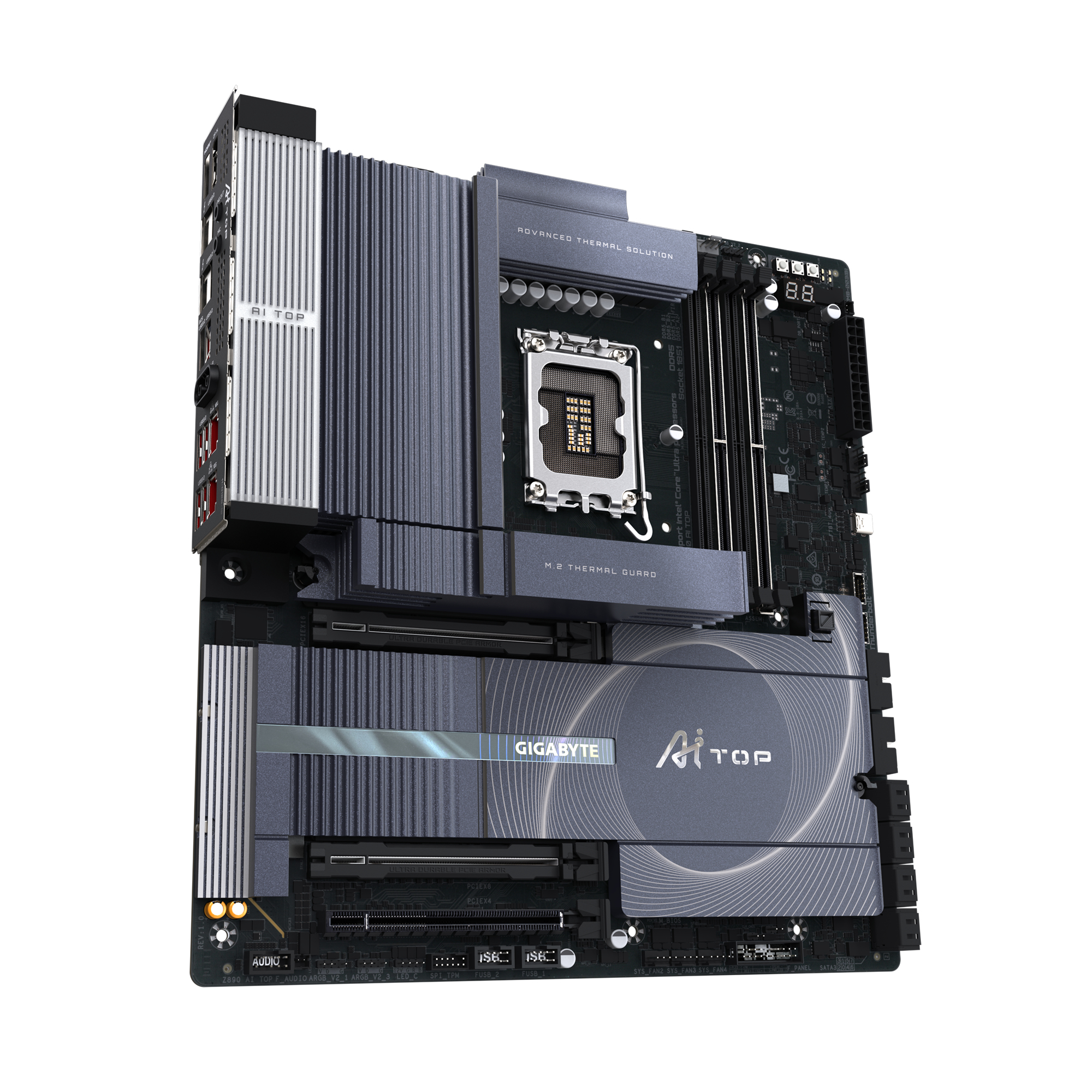 GIGABYTE Z890 AI TOP Motherboard - Supports Intel Core Ultra (Series 2) CPUs, 16+1+2 phases VRM, up to 9500MHz DDR5 (OC), 1xPCIe 5.0 + 3xPCIe 4.0 M.2, Wi-Fi 7, 10 GbE LAN, Thunderbolt 5