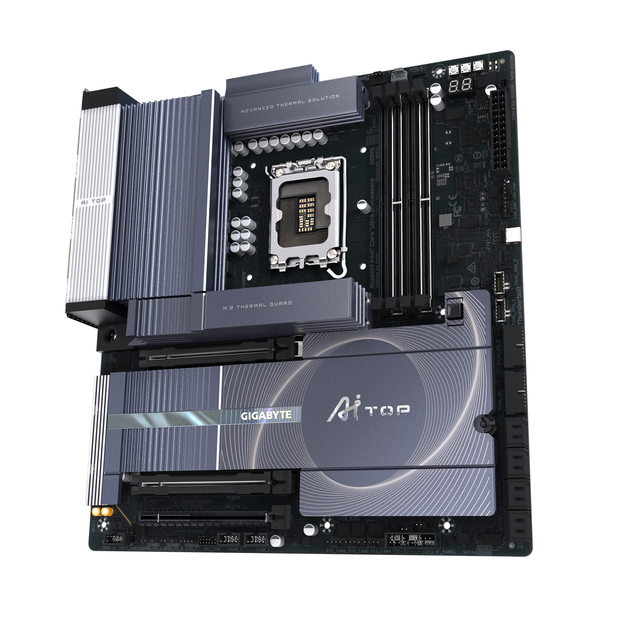 GIGABYTE Z890 AI TOP Motherboard - Supports Intel Core Ultra (Series 2) CPUs, 16+1+2 phases VRM, up to 9500MHz DDR5 (OC), 1xPCIe 5.0 + 3xPCIe 4.0 M.2, Wi-Fi 7, 10 GbE LAN, Thunderbolt 5