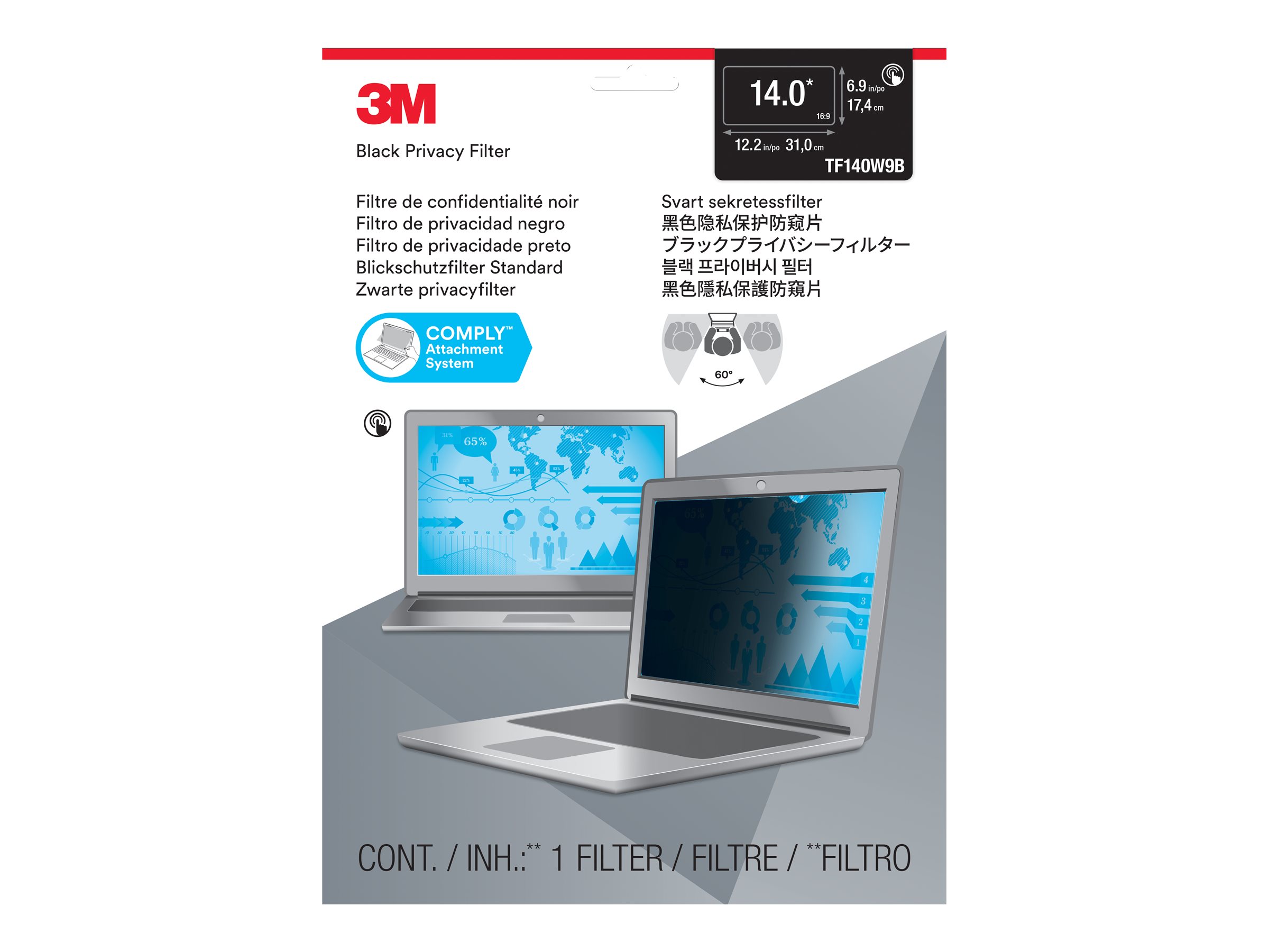 3M Blickschutzfilter fr Touch-Laptops TF140W9B for 14.0 Widescreen Laptop - Standard Fit with COMPLY Attachment System - Blickschutzfilter fr Notebook - 35.6 cm (14)