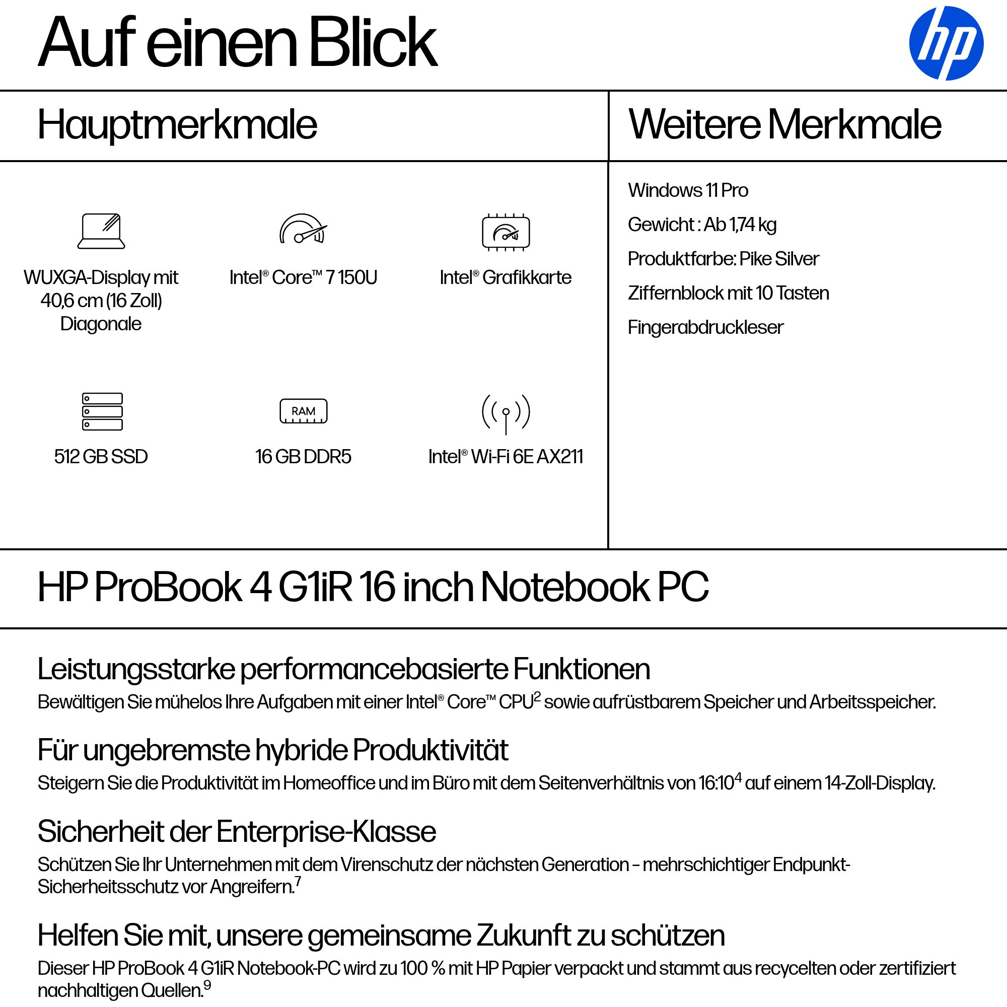 HP ProBook 4 G1iR Notebook AI - Intel Core 7 150U / 1.8 GHz - Win 11 Pro - Intel Graphics - 16 GB RAM - 512 GB SSD NVMe - 40.6 cm (16)