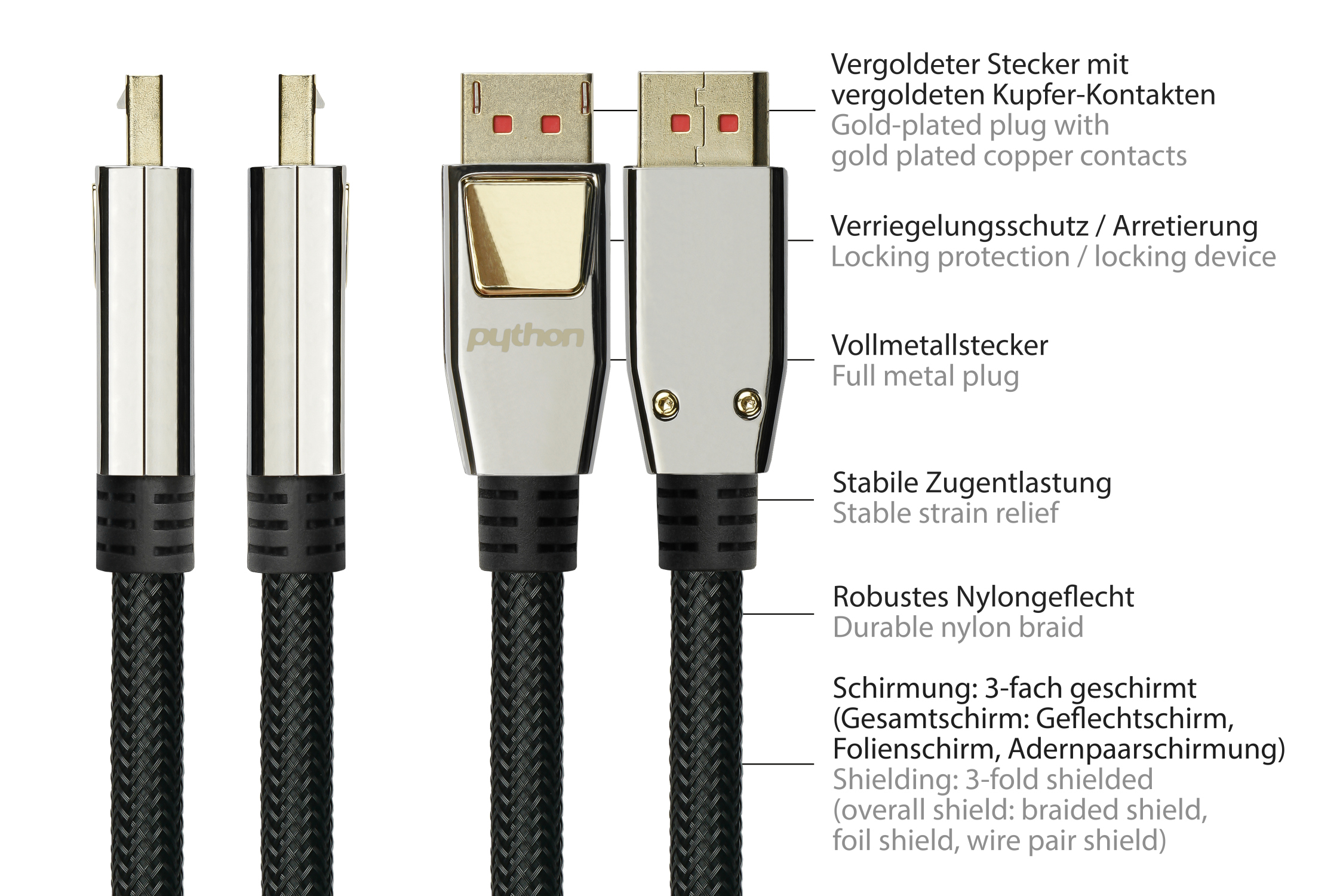 Anschlusskabel DisplayPort 1.4, 8K / UHD-2 @60Hz, Vollmetallstecker, vergoldete - 2