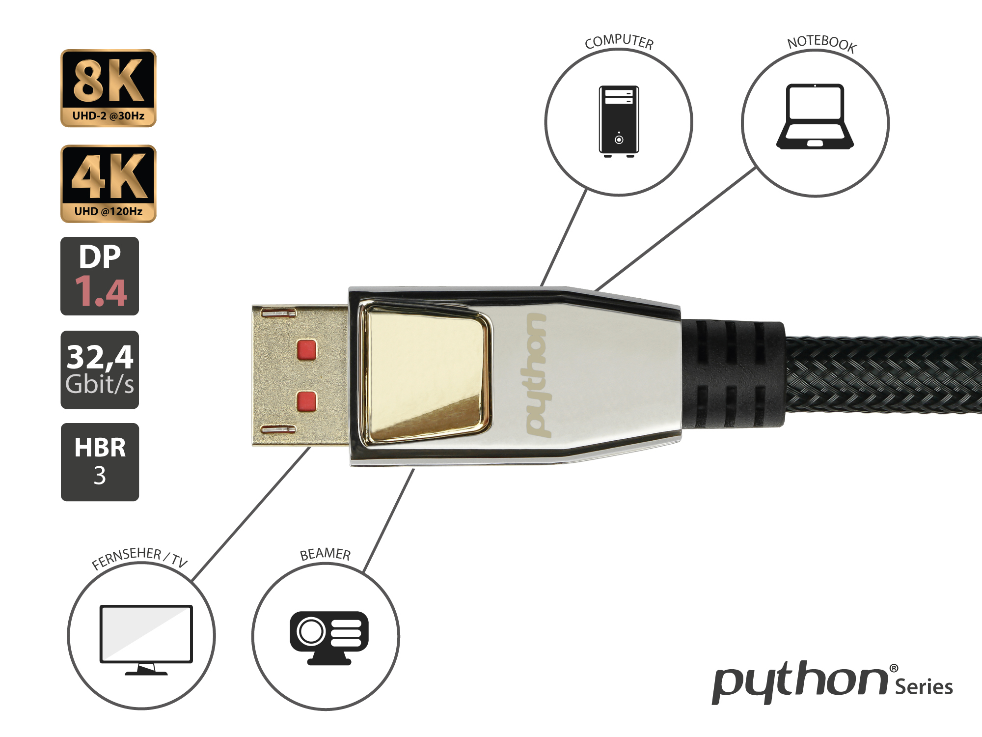 Anschlusskabel DisplayPort 1.4, 8K / UHD-2 @60Hz, Vollmetallstecker, vergoldete - 3