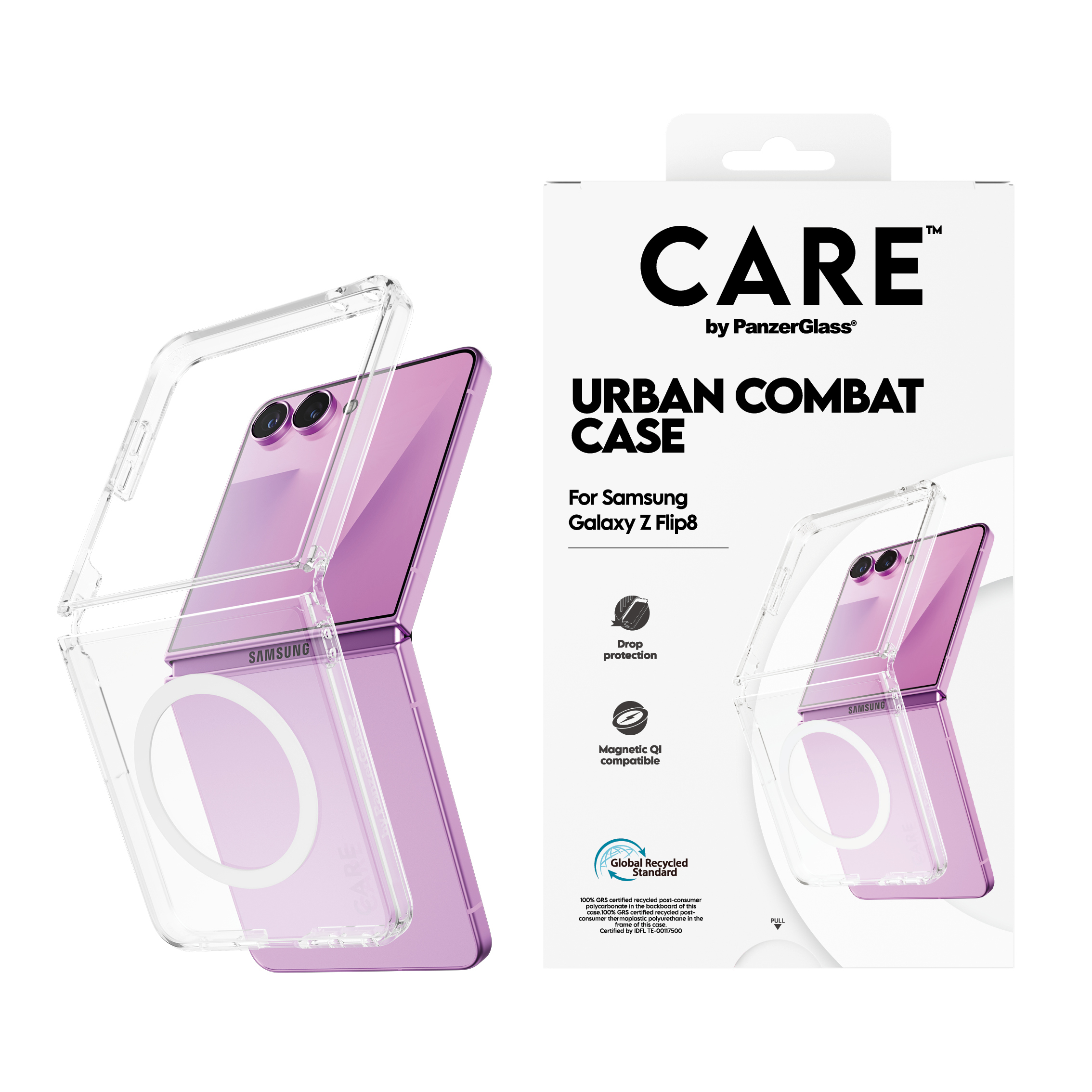 PanzerGlass CARE by � Urban Combat Case Transparent w. White Qi Samsung Galaxy Z Flip7 | Z Flip8 funda para tel�fono m�vil Transparente