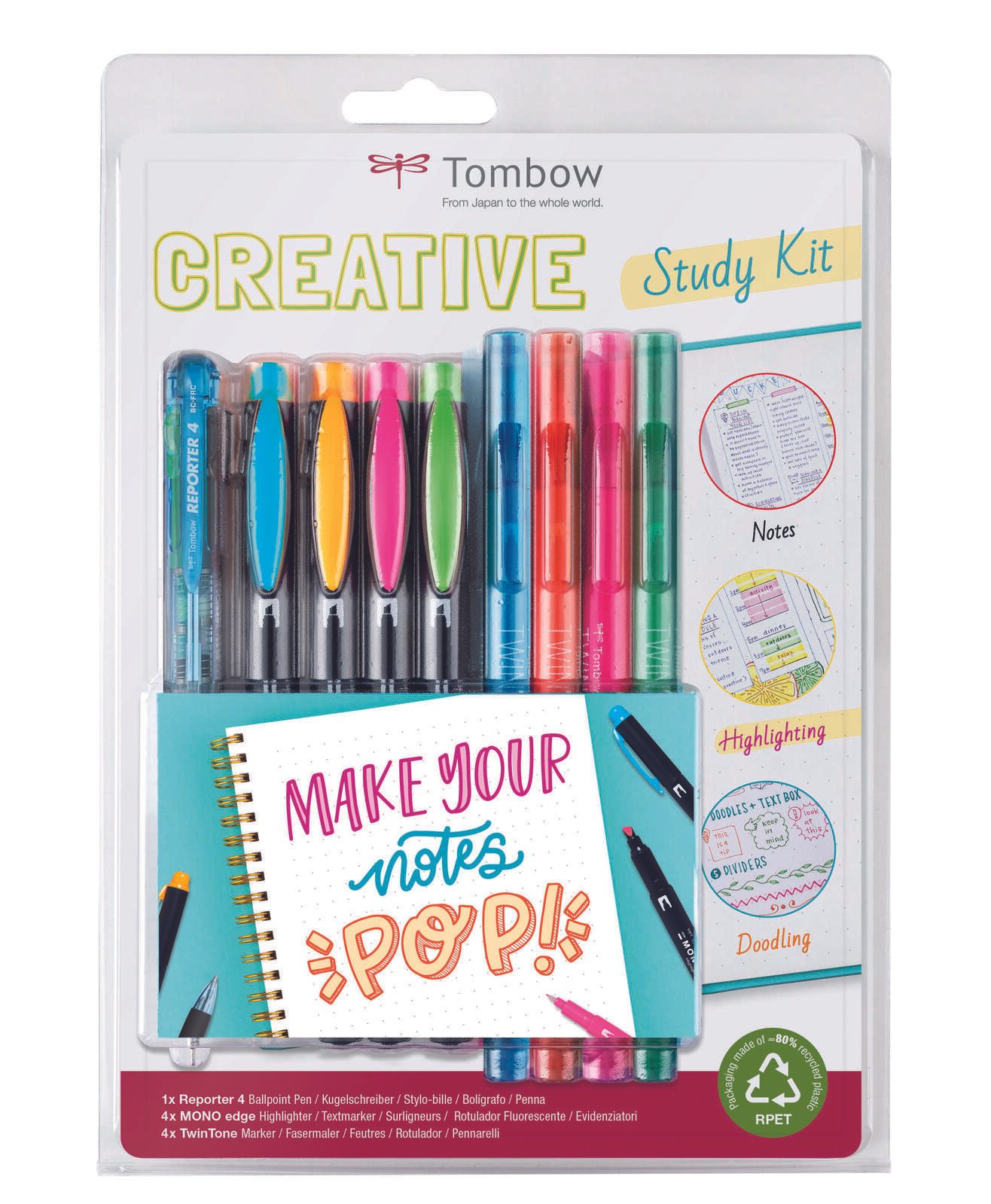 Tombow The Creative Study Kit includes 4 Reporter Ballpoint Pens 4 Mono Edge Highlighters