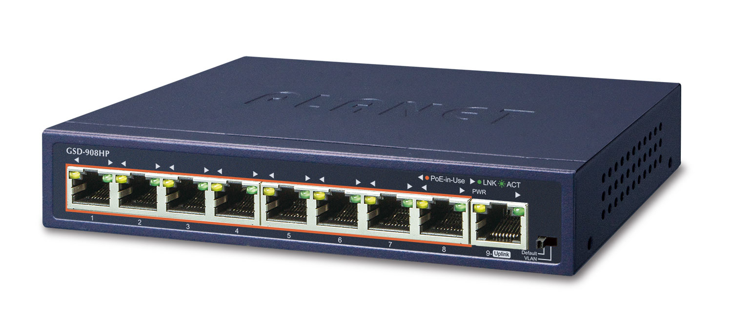 PLANET GSD-908HP commutateur rseau Non-gr Gigabit Ethernet (10/100/1000) Connexion Ethernet, supportant lalimentation via ce port (PoE) Bleu