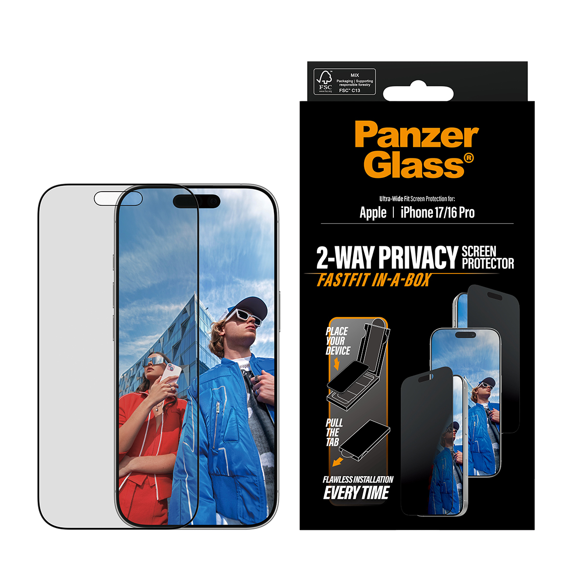 PanzerGlass Privacy Screen Protector w. black Frame iPhone 17/16 Pro