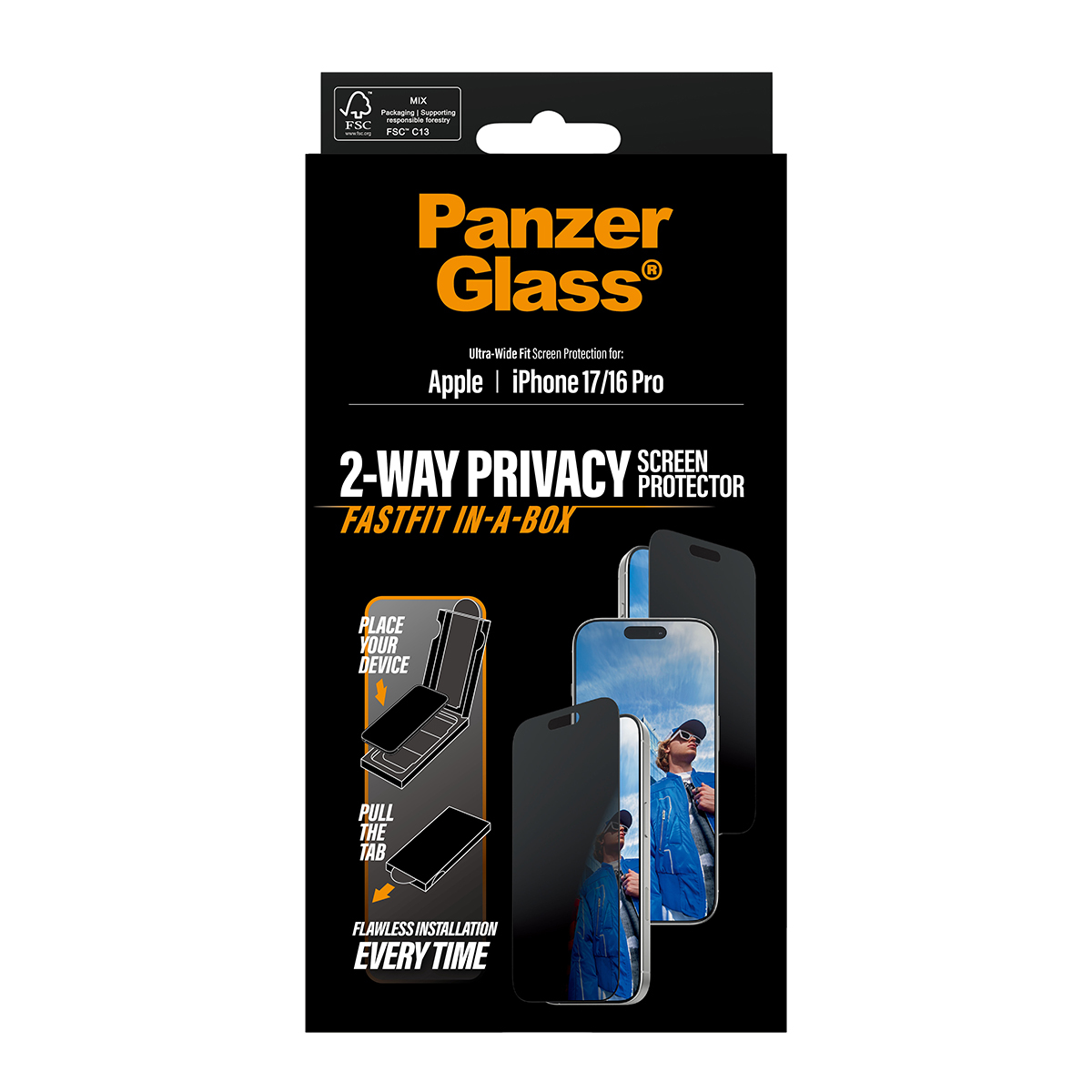 PanzerGlass Privacy Screen Protector w. black Frame iPhone 17/16 Pro