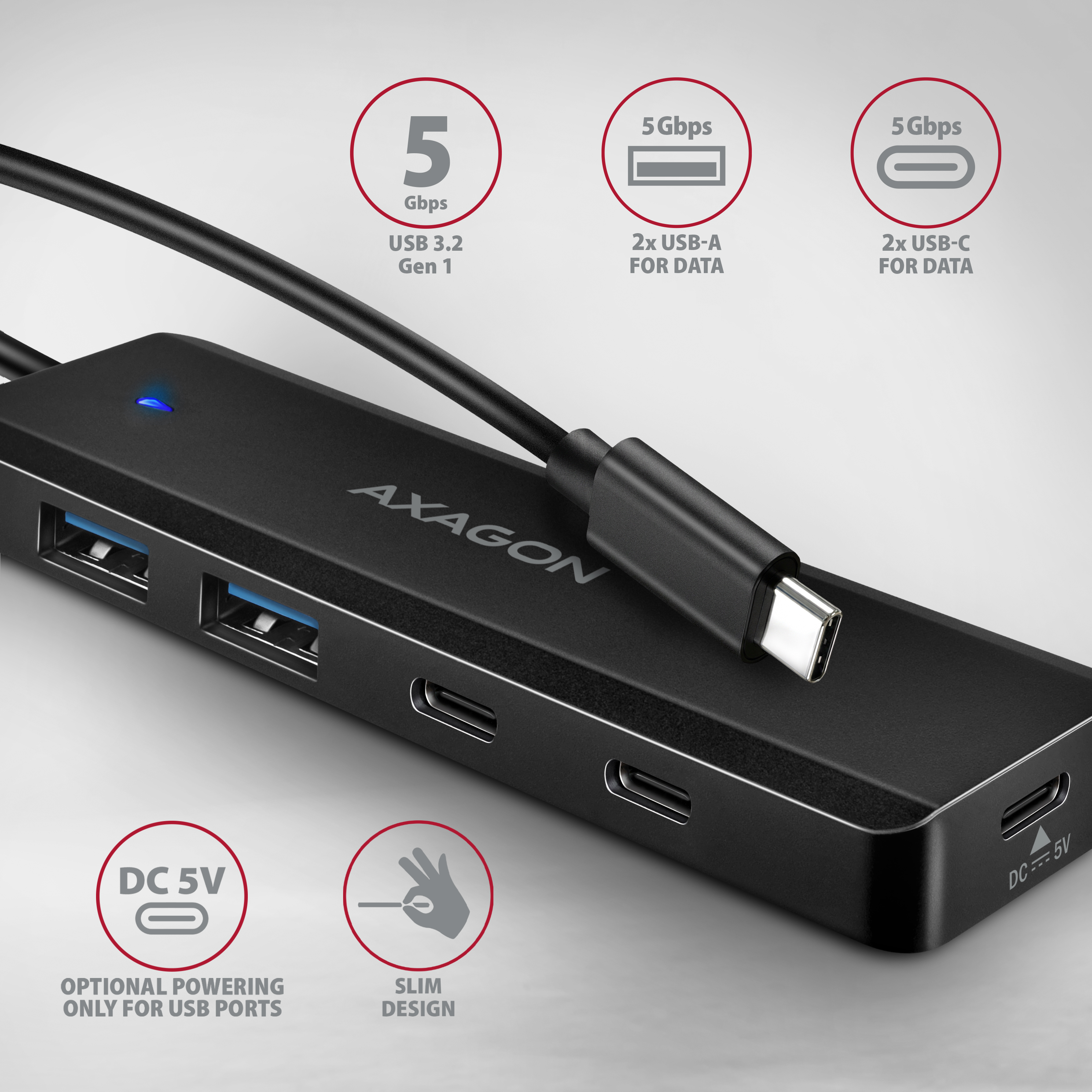 Axagon HUE-C2C 4� USB 5Gbps Hub, 2� USB-A & 2� USB-C, USB-C Power IN, 19cm USB-C Cable