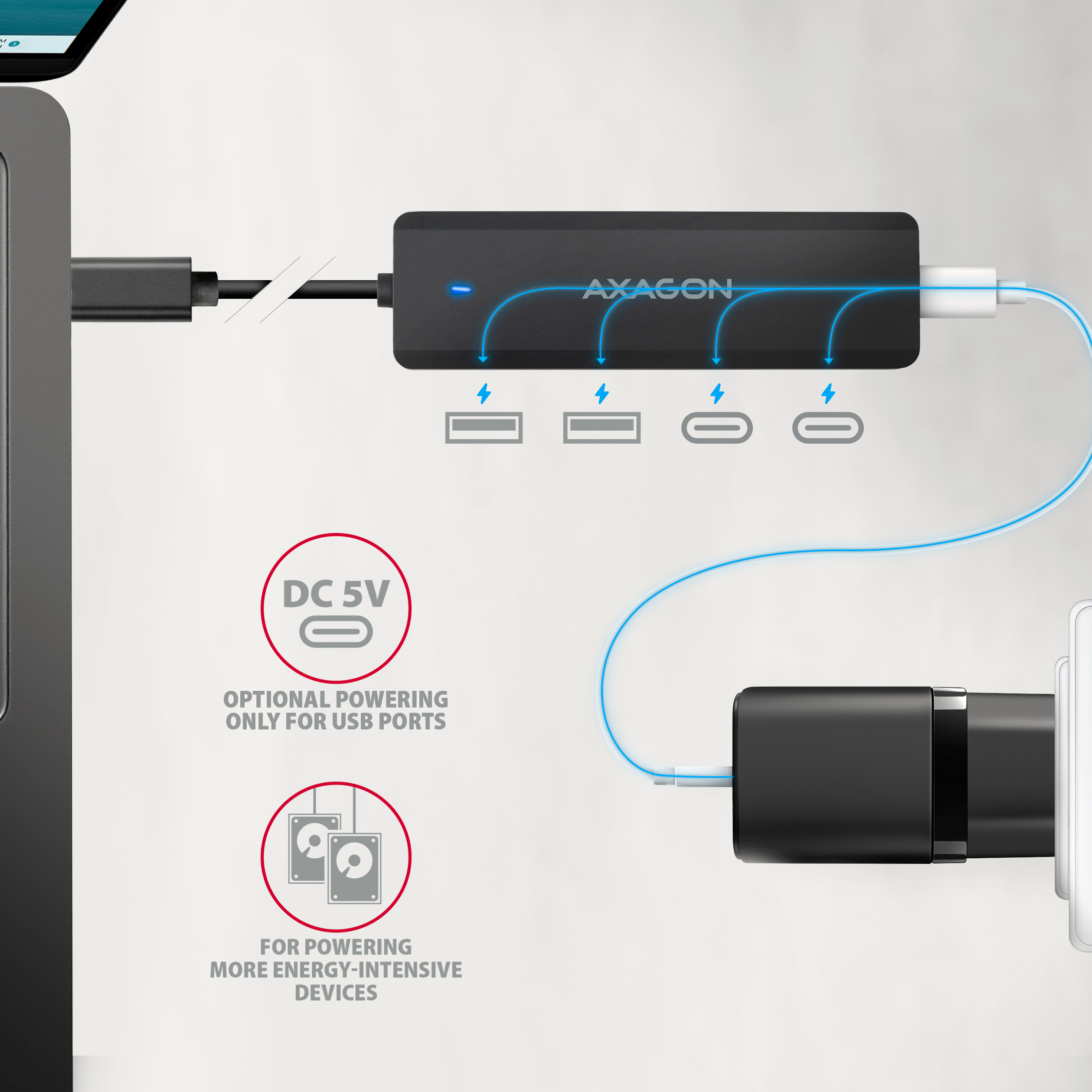 Axagon HUE-C2C 4� USB 5Gbps Hub, 2� USB-A & 2� USB-C, USB-C Power IN, 19cm USB-C Cable