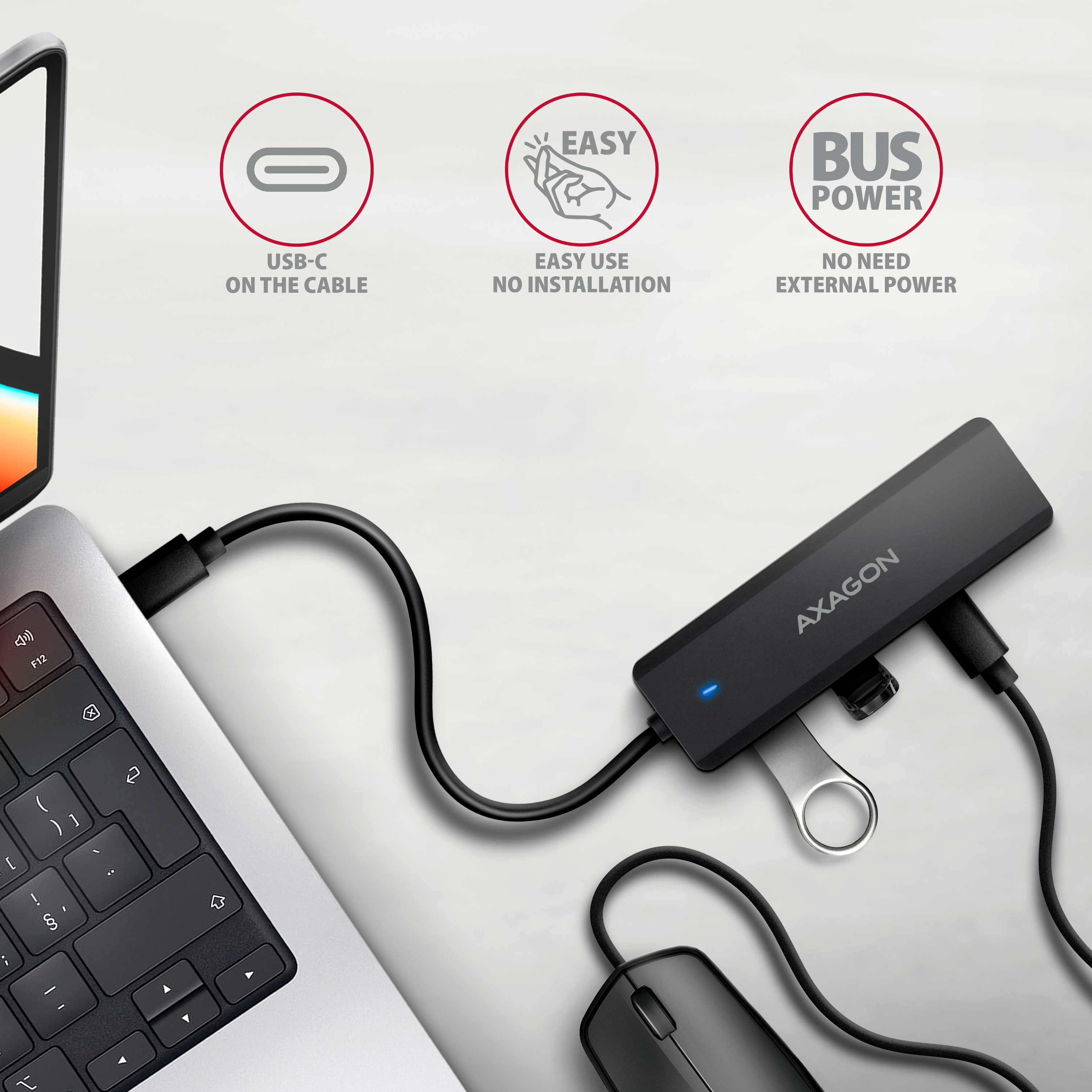 Axagon HUE-C2C 4� USB 5Gbps Hub, 2� USB-A & 2� USB-C, USB-C Power IN, 19cm USB-C Cable