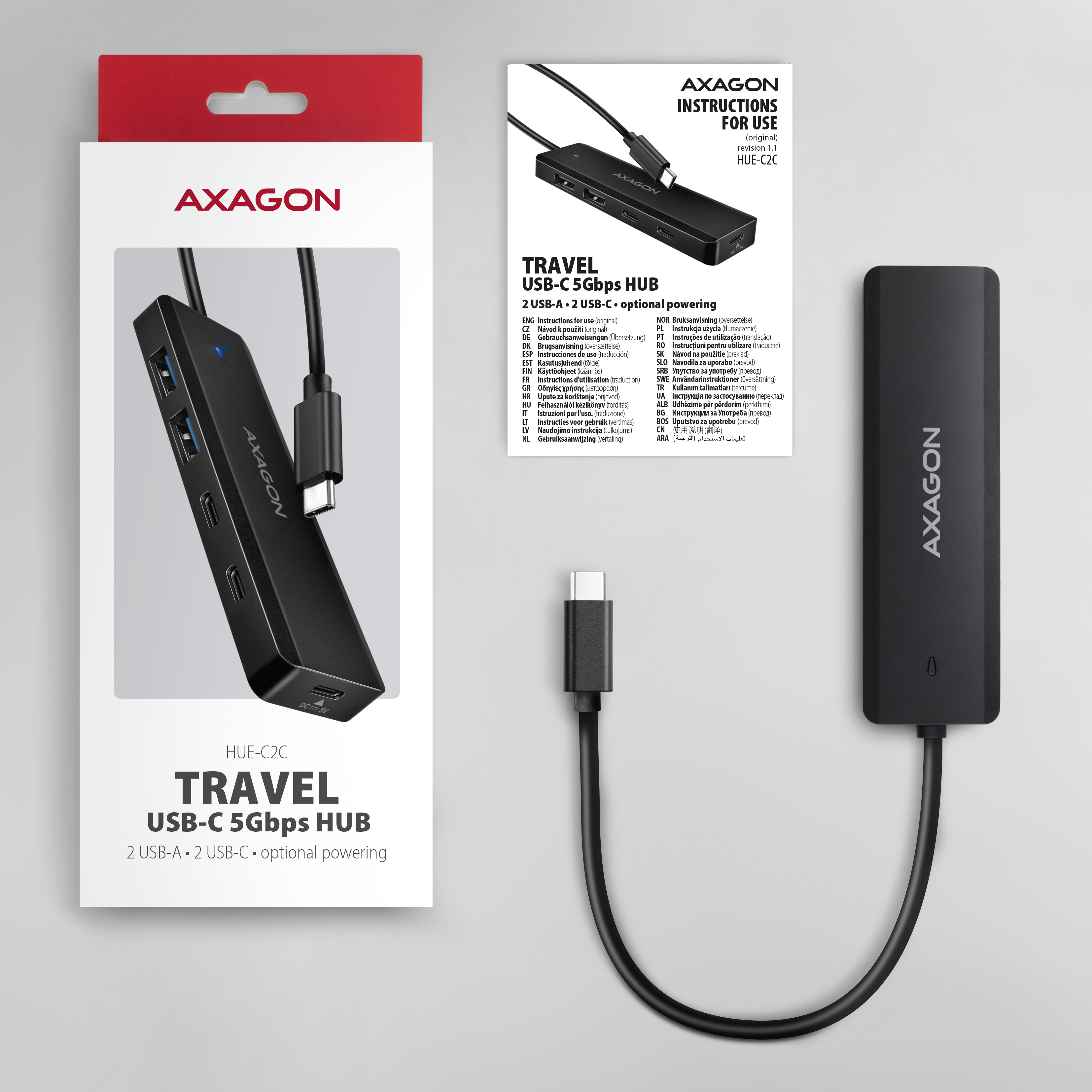Axagon HUE-C2C 4� USB 5Gbps Hub, 2� USB-A & 2� USB-C, USB-C Power IN, 19cm USB-C Cable