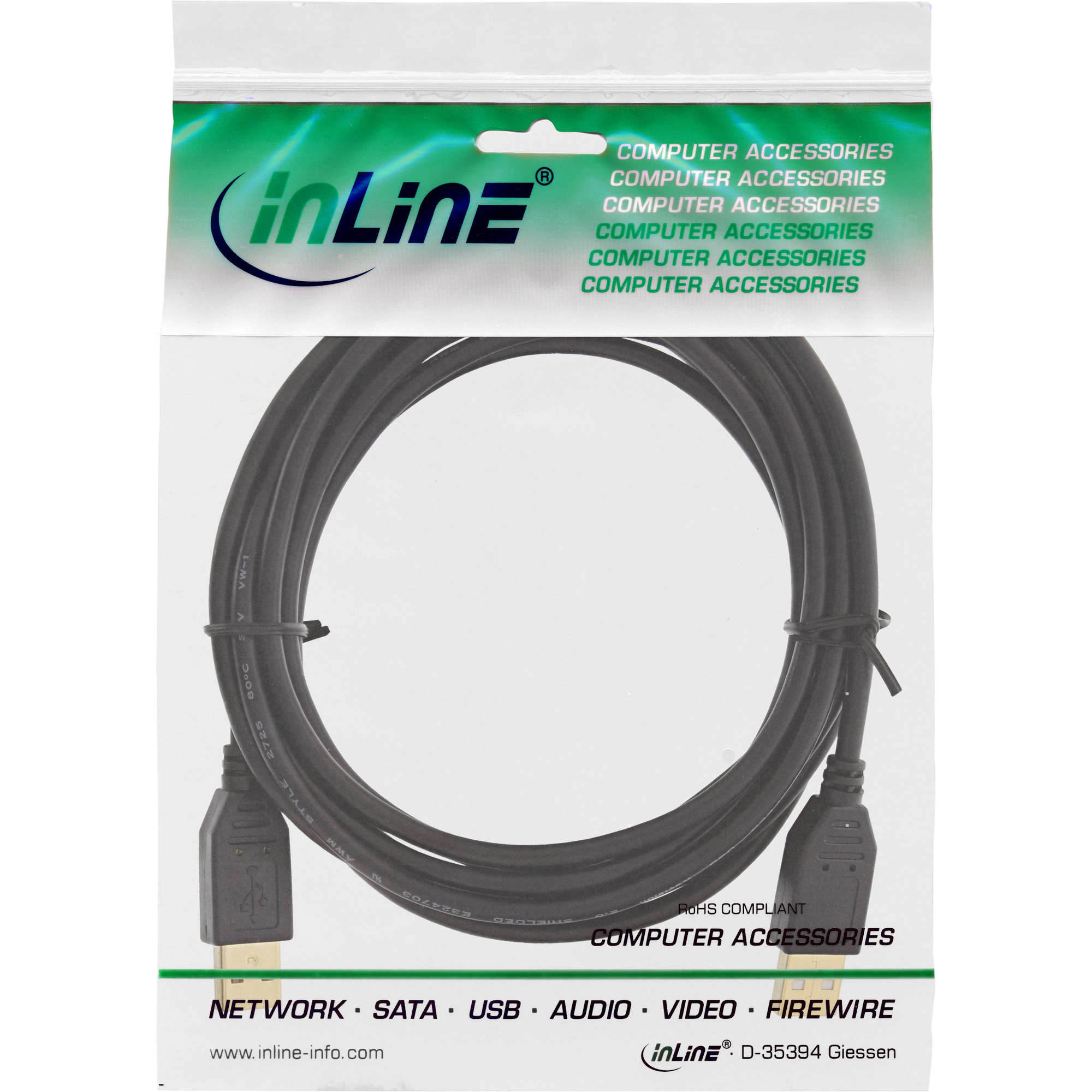 InLine USB 2.0 cable, AM/AM, black, gold plated contacts, 3m