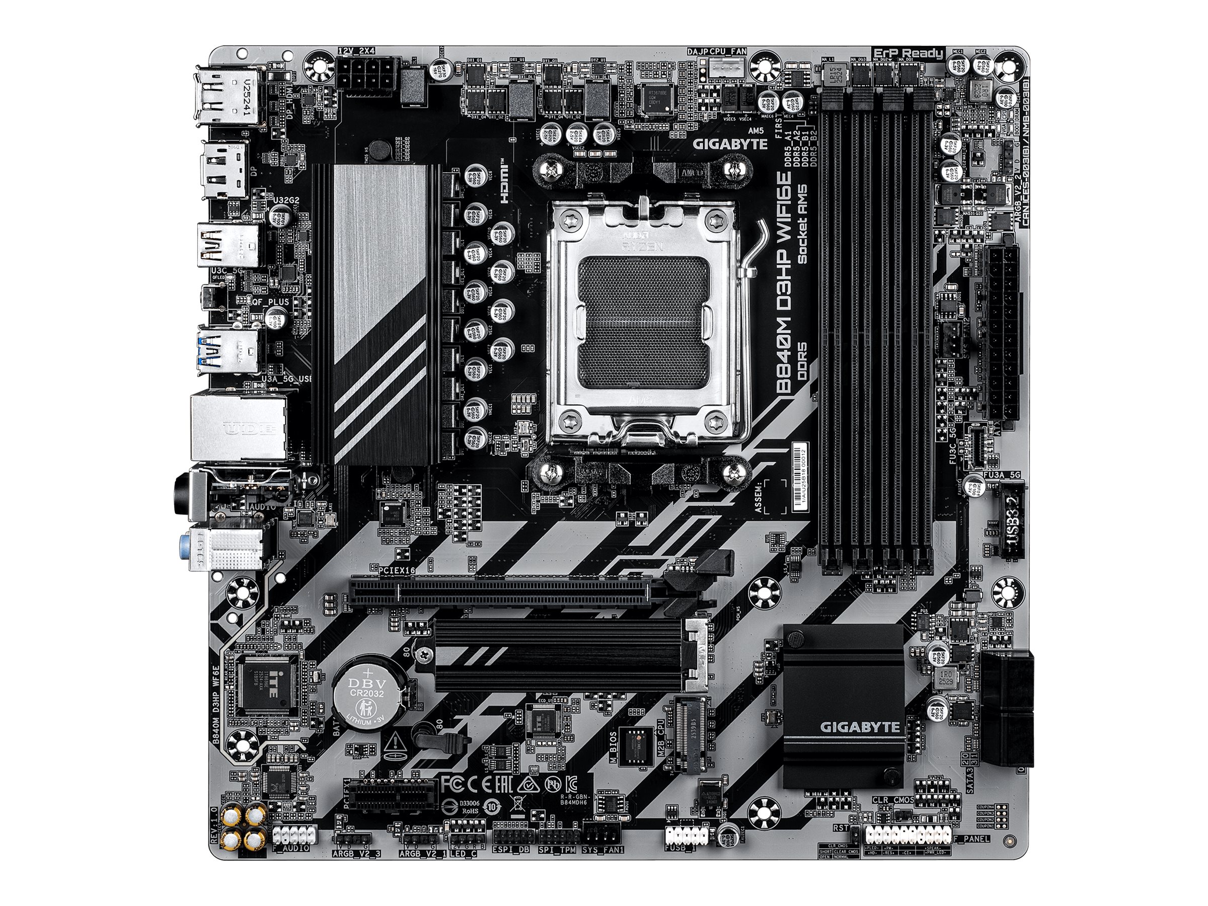 GIGABYTE B840M D3HP WIFI6E Scheda Madre CPU AMD Ryzen 9000, VRM a 8+2+2 fasi, fino a 8200 MHz DDR5 (O.C.), 2� M.2 PCIe 4.0, Wi-Fi 6E, LAN 1 GbE, USB 3.2 Gen 2
