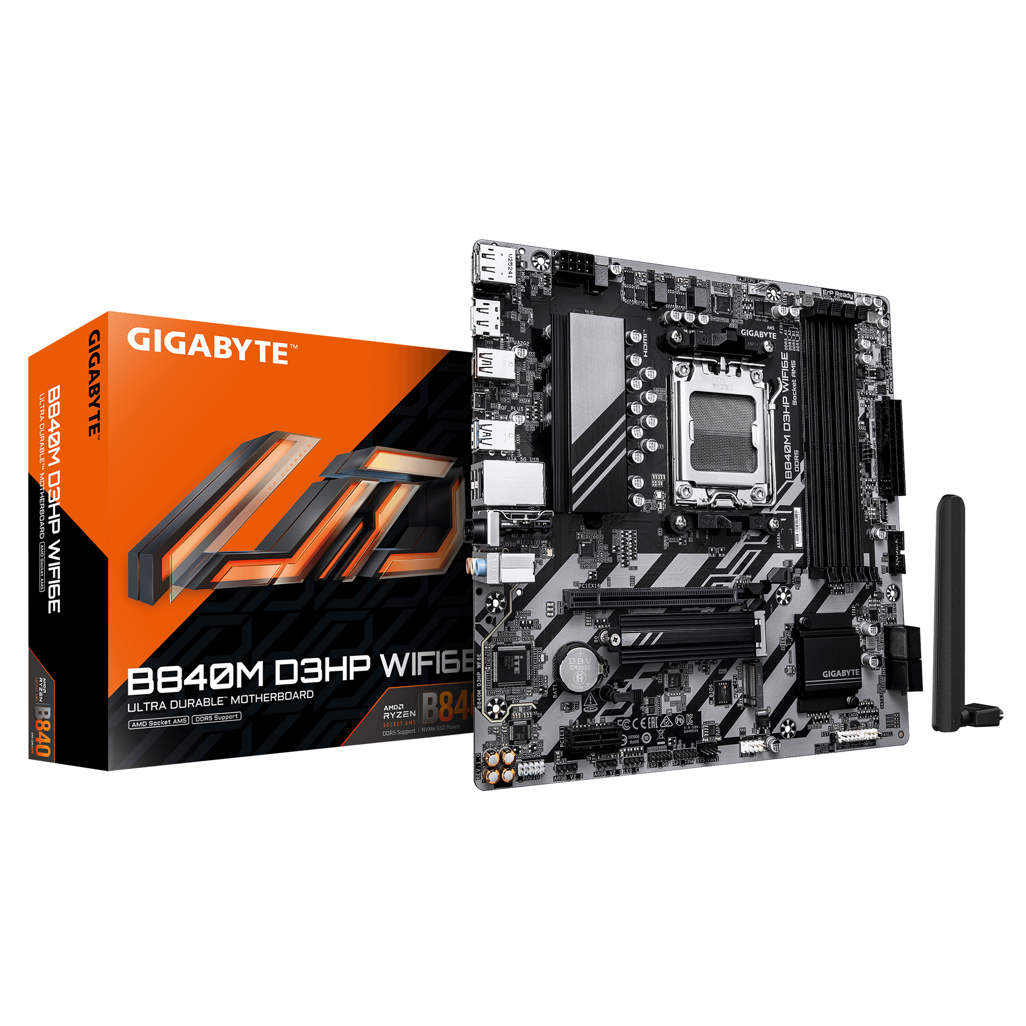 GIGABYTE B840M D3HP WIFI6E Placa Base CPUs AMD Ryzen 9000, VRM de 8+2+2 fases, hasta 8200 MHz DDR5 (O.C.), 2� M.2 PCIe 4.0, Wi-Fi 6E, LAN 1 GbE, USB 3.2 Gen 2