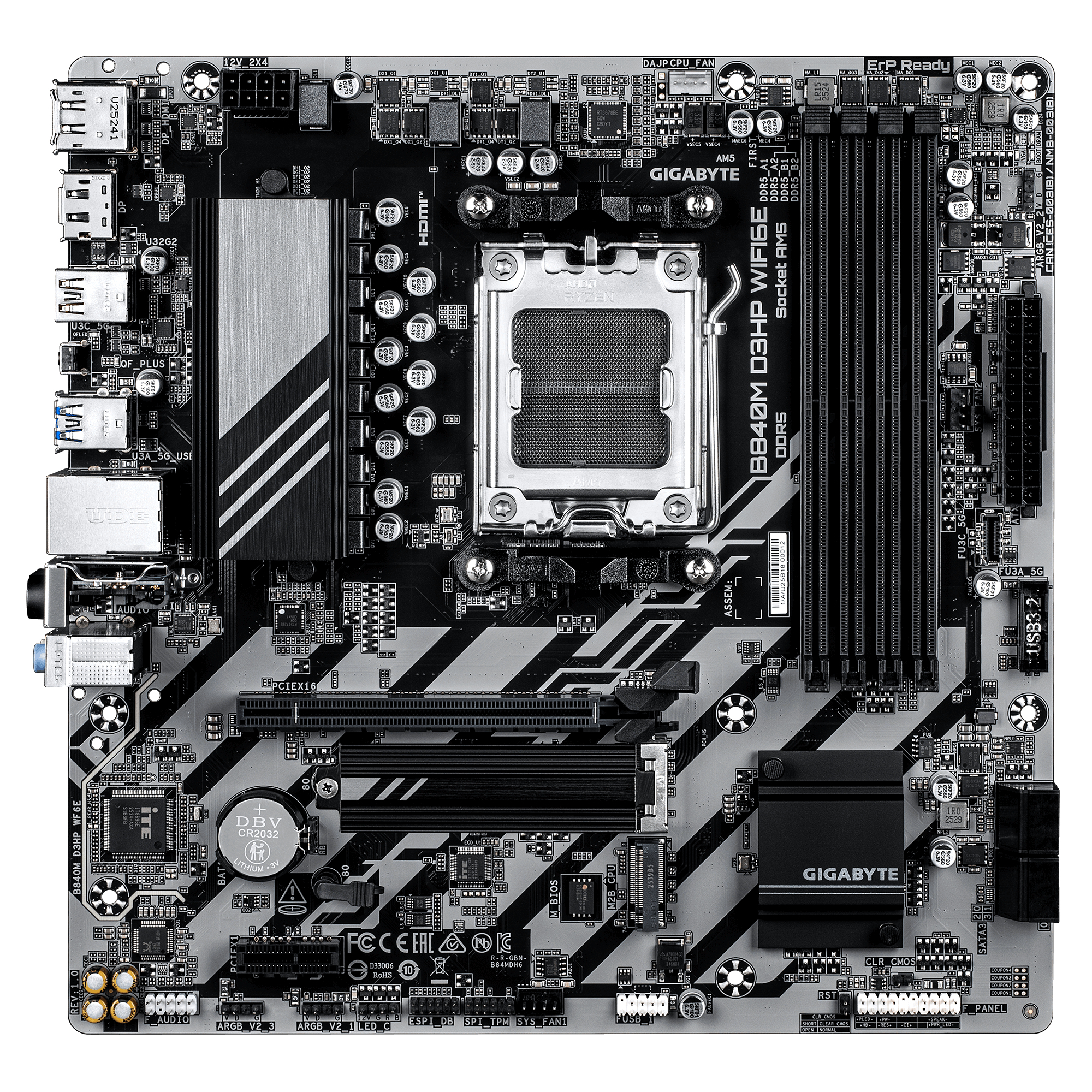 GIGABYTE B840M D3HP WIFI6E Placa Base CPUs AMD Ryzen 9000, VRM de 8+2+2 fases, hasta 8200 MHz DDR5 (O.C.), 2� M.2 PCIe 4.0, Wi-Fi 6E, LAN 1 GbE, USB 3.2 Gen 2