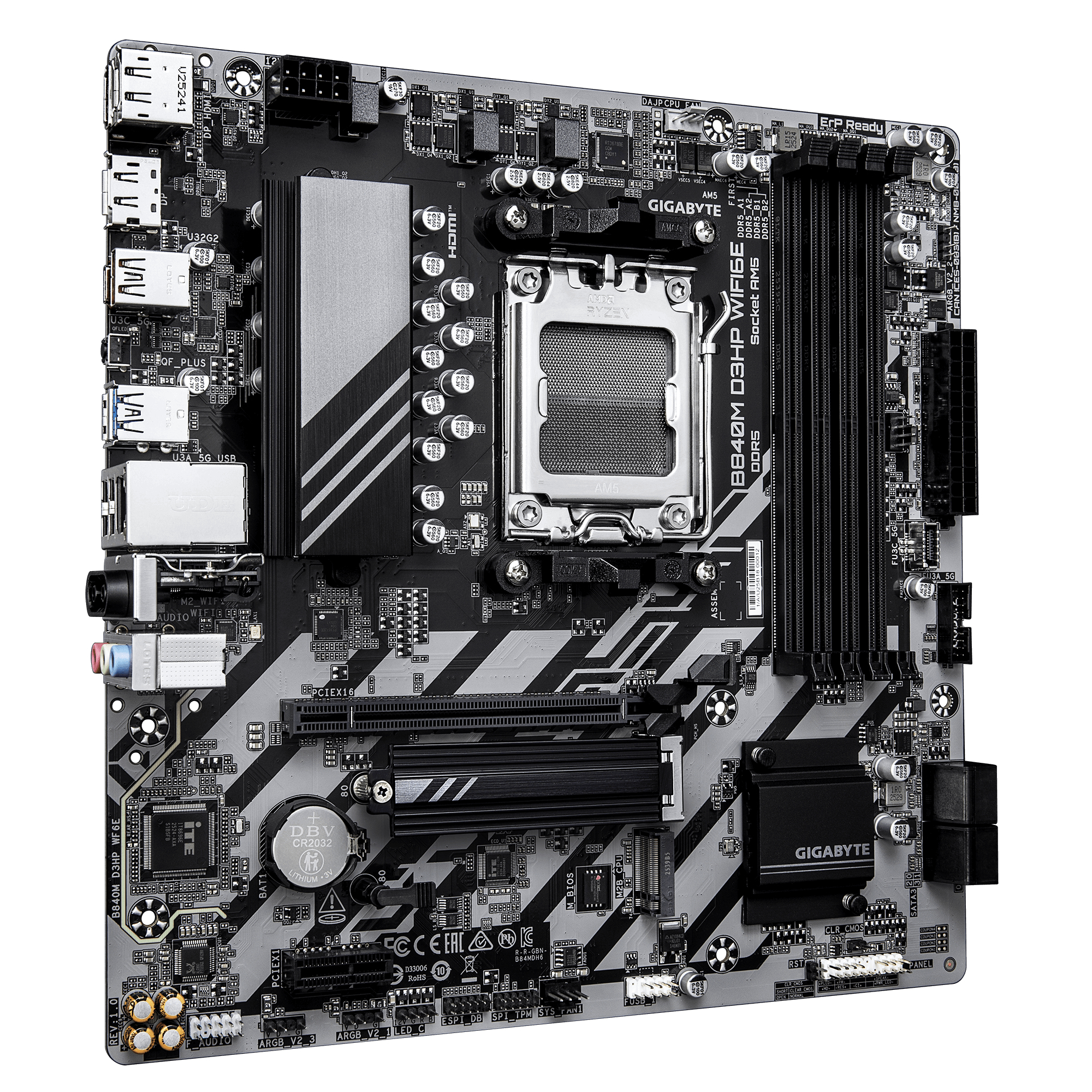 GIGABYTE B840M D3HP WIFI6E Placa Base CPUs AMD Ryzen 9000, VRM de 8+2+2 fases, hasta 8200 MHz DDR5 (O.C.), 2� M.2 PCIe 4.0, Wi-Fi 6E, LAN 1 GbE, USB 3.2 Gen 2