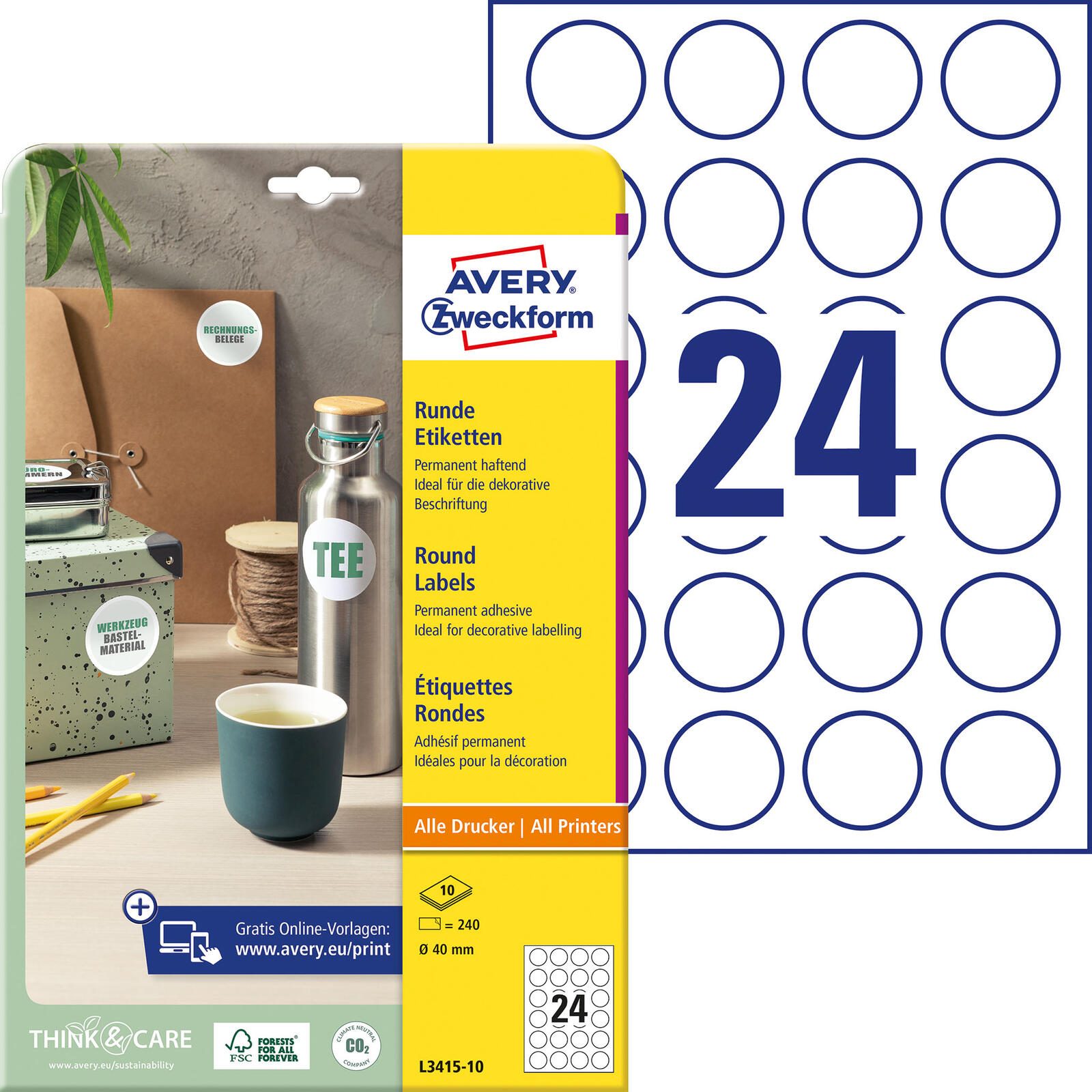 Avery Zweckform 240 Etiketten L3415-10 wei 40.0 x 40.0 mm - Etiketten/Beschriftungsbnder