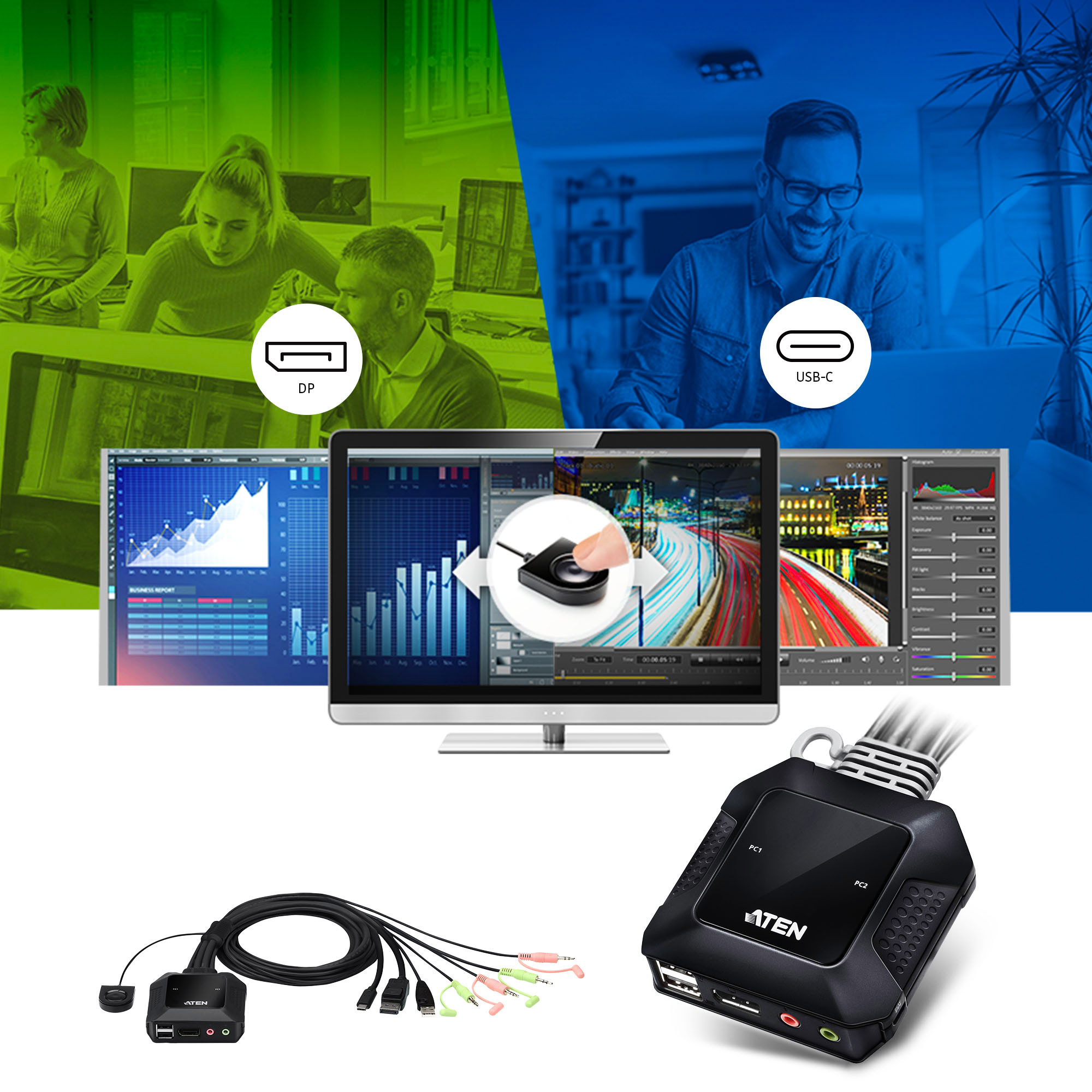 ATEN 2-Port USB-C-DisplayPort-Kabel KVM Switch - 4096 x 2160 Pixel - 4K Ultra HD - 0,74 W - Schwarz