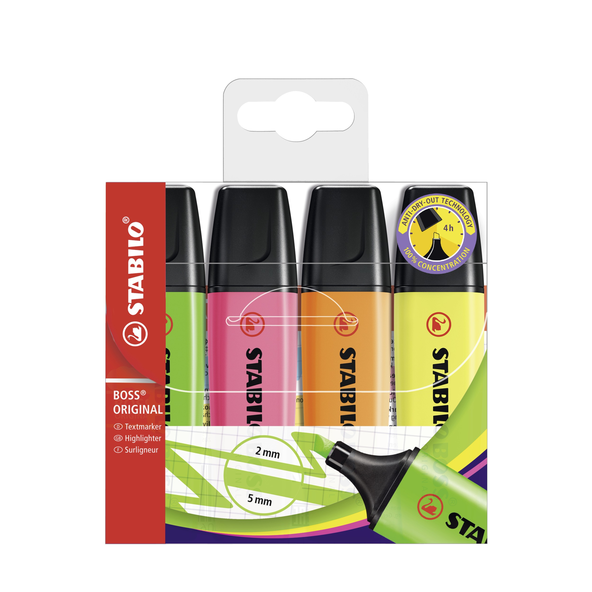 STABILO BOSS ORIGINAL - Textmarker - fluoreszierend orange, fluoreszierend gelb, fluoreszierend gr�n, fluoreszierend rosa - wasserbasierte Tinte - 2-5 mm (Packung mit 4)