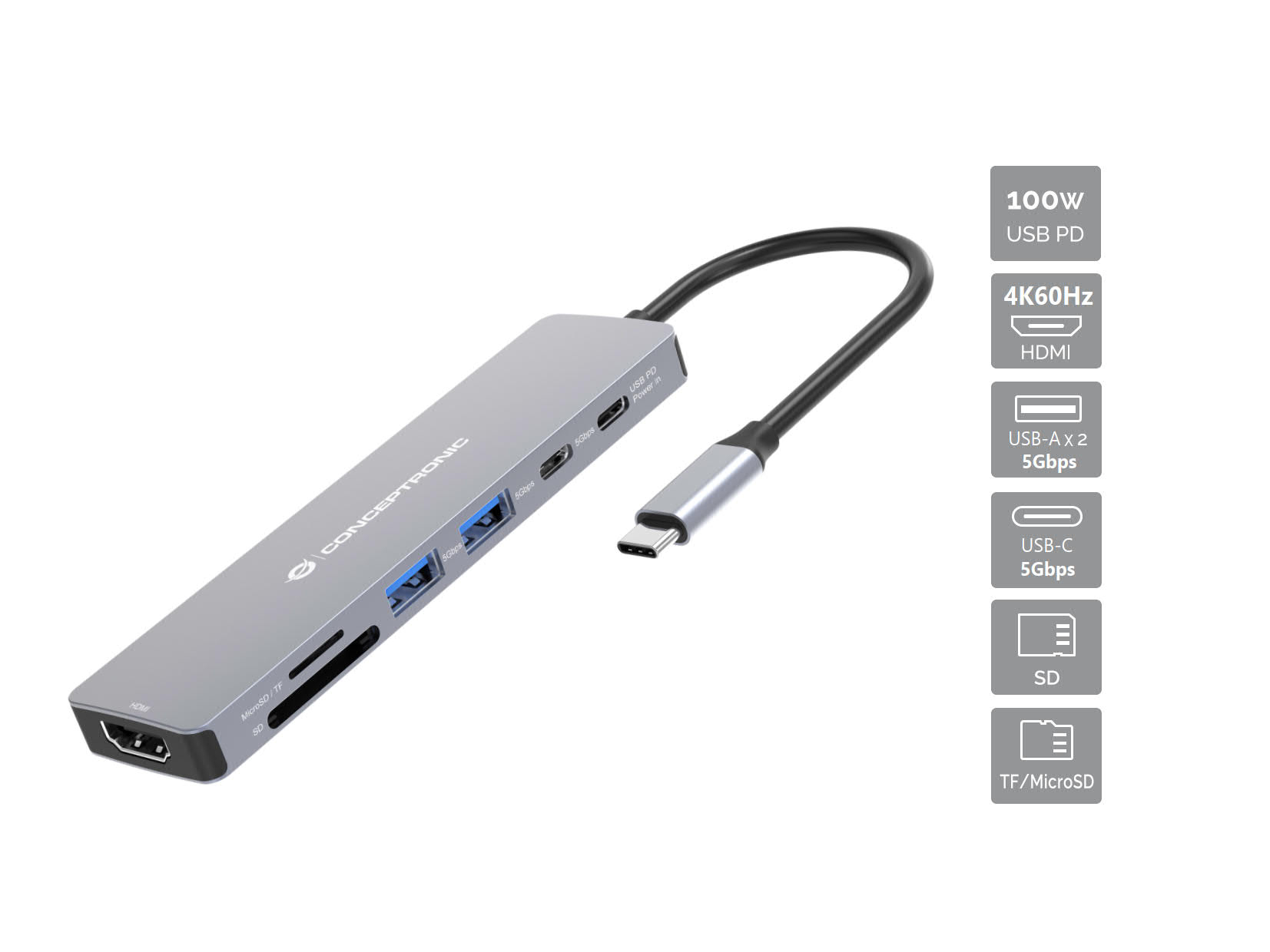 Conceptronic Dock USB-C->HDMI 2xUSB-A 2xUSB-C SD TF 0.25m