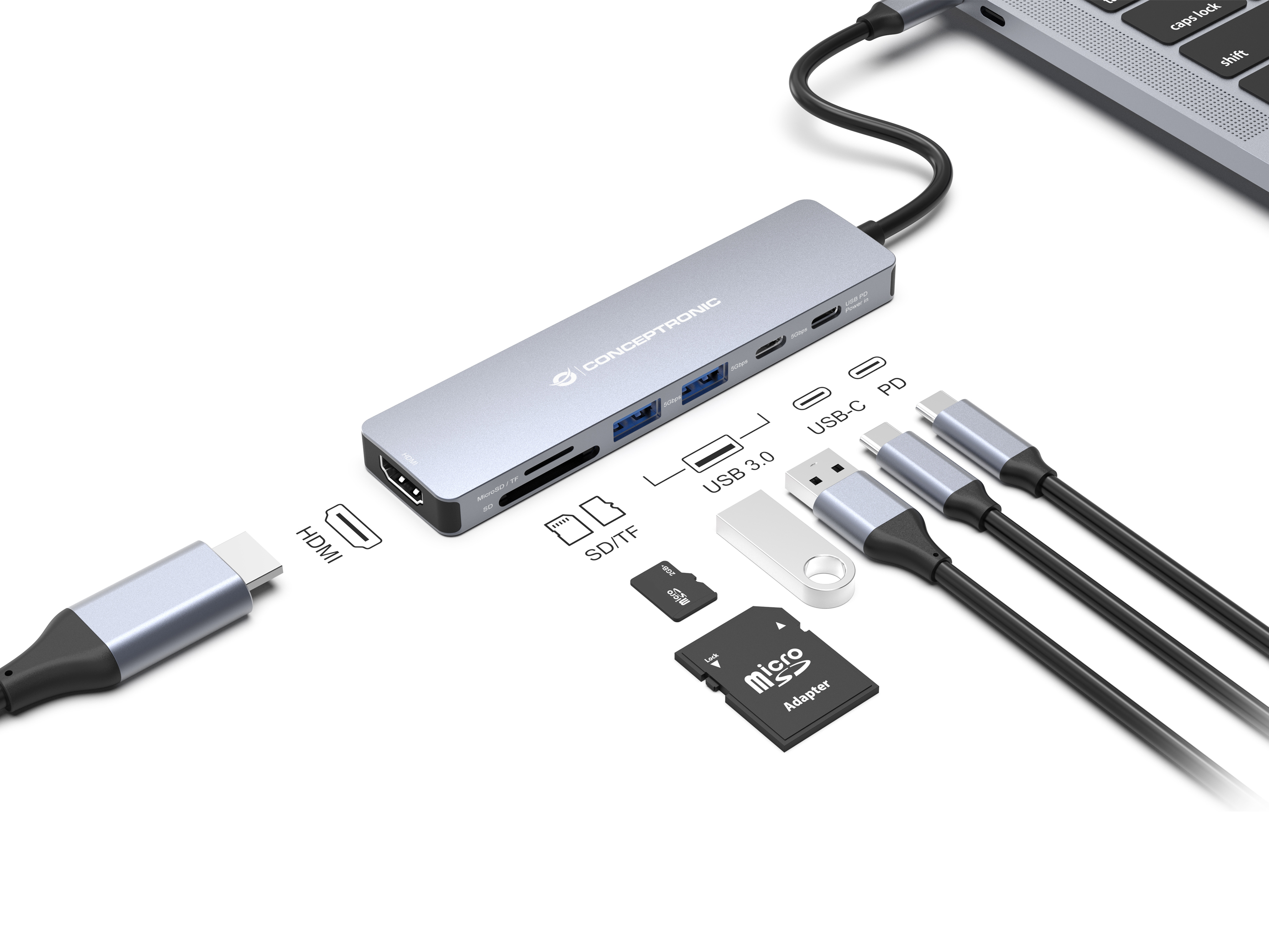 Conceptronic Dock USB-C->HDMI 2xUSB-A 2xUSB-C SD TF 0.25m