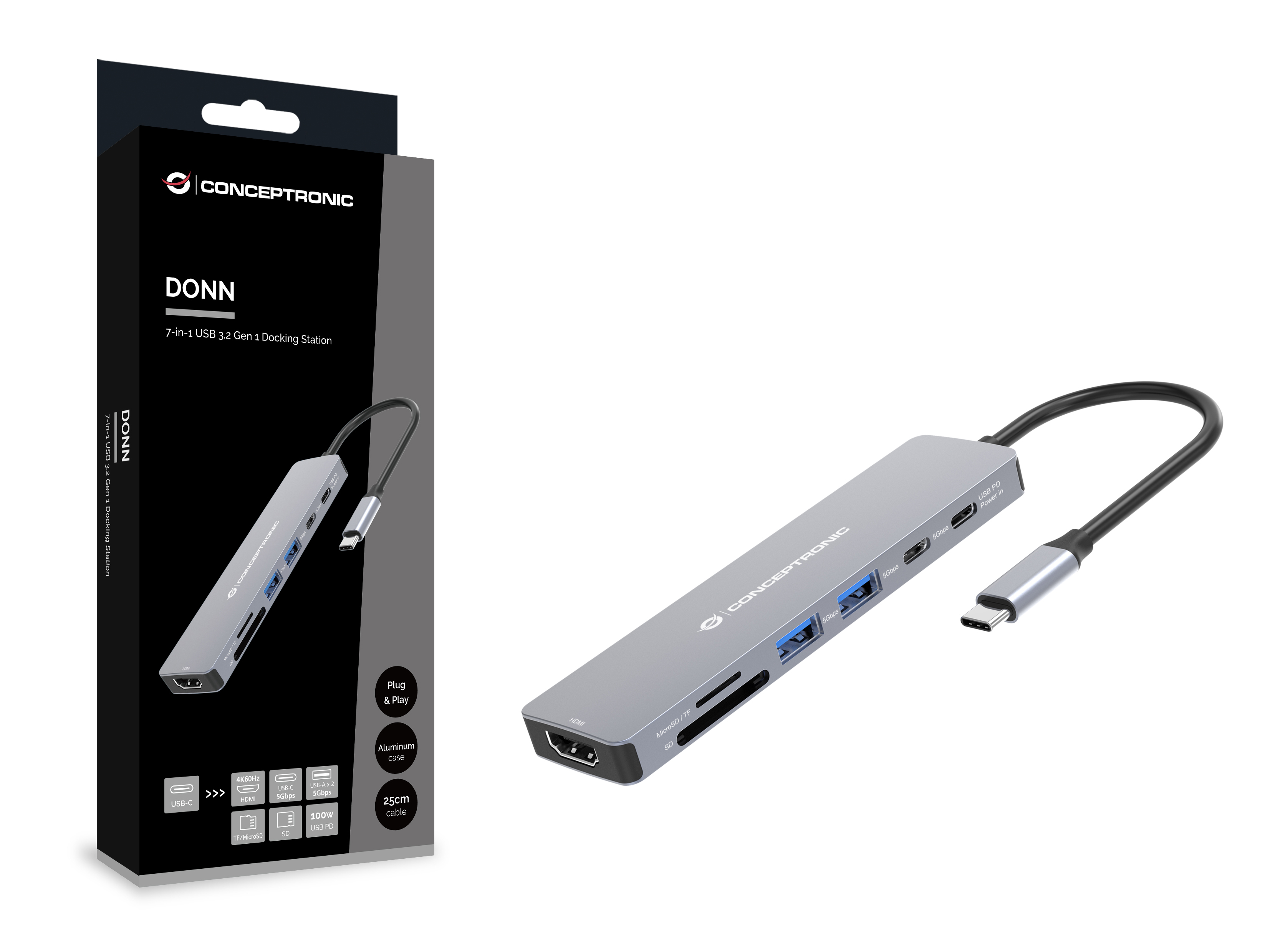 Conceptronic Dock USB-C->HDMI 2xUSB-A 2xUSB-C SD TF 0.25m