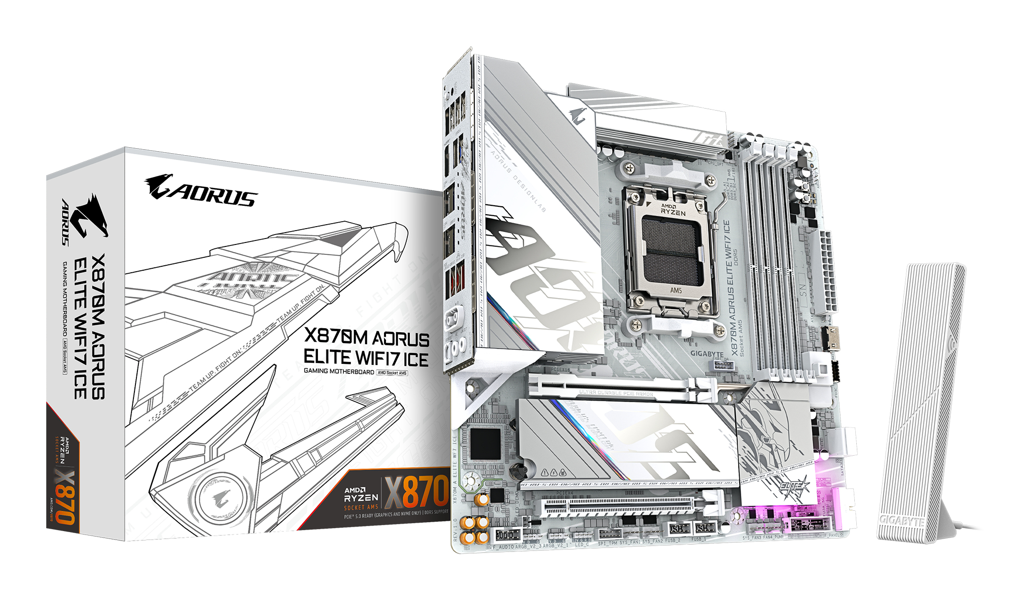 GIGABYTE X870M AORUS ELITE WIFI7 ICE Placa Base Compatible con CPUs AMD Ryzen 9000, VRM digital de 14+2+2 fases, hasta 8200 Hz DDR5 (O.C), 1� PCIe 5.0 + 1� PCIe 4.0, Wi-Fi 7, LAN 2.5 GbE, USB 4