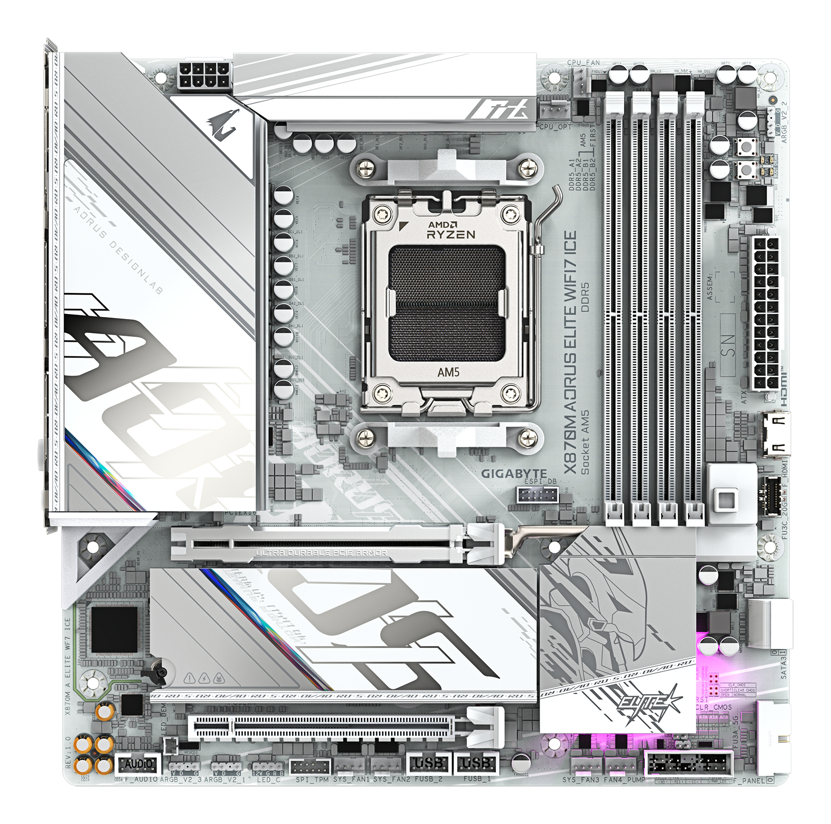 GIGABYTE X870M AORUS ELITE WIFI7 ICE Placa Base Compatible con CPUs AMD Ryzen 9000, VRM digital de 14+2+2 fases, hasta 8200 Hz DDR5 (O.C), 1� PCIe 5.0 + 1� PCIe 4.0, Wi-Fi 7, LAN 2.5 GbE, USB 4