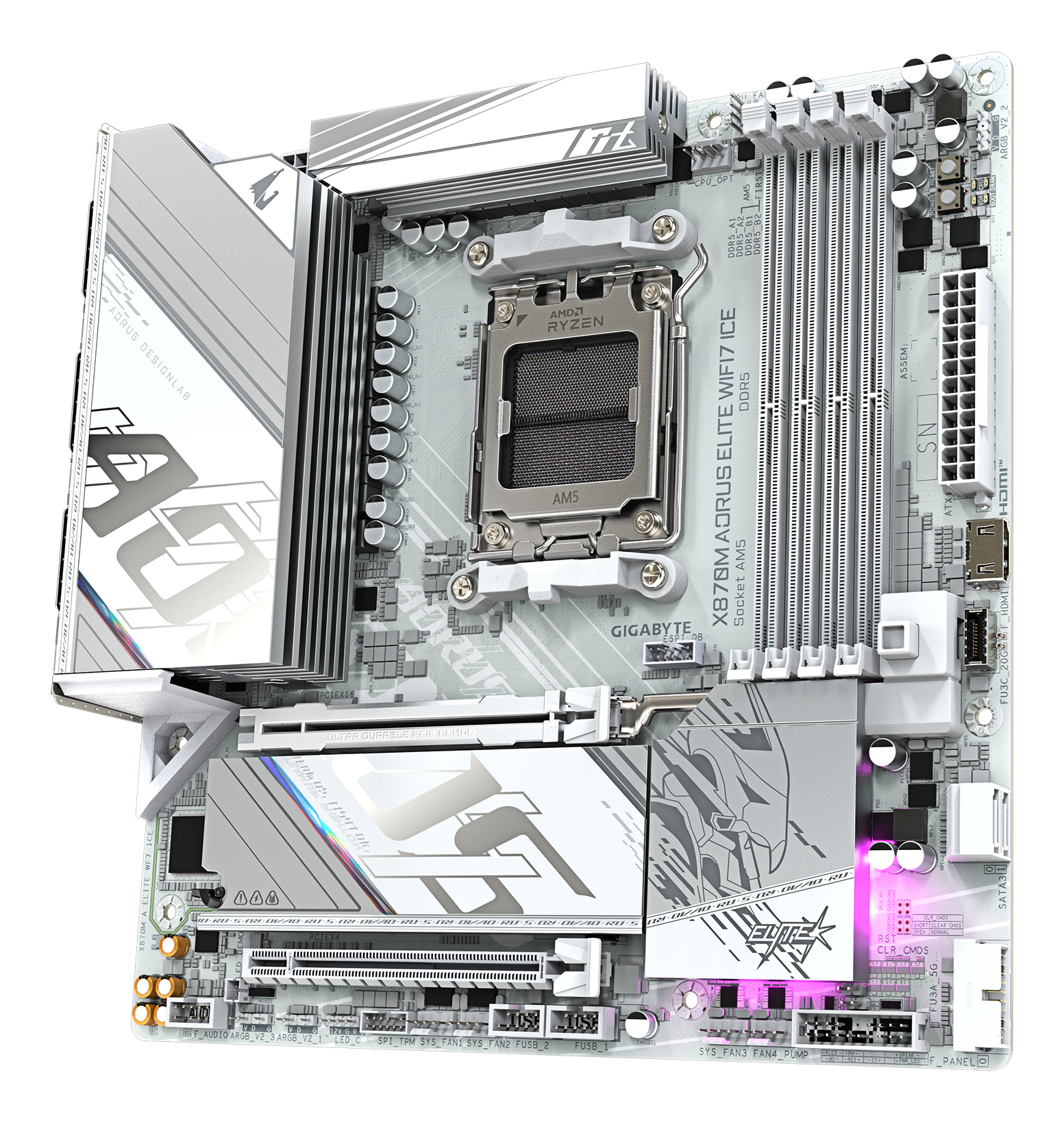 GIGABYTE X870M AORUS ELITE WIFI7 ICE Placa Base Compatible con CPUs AMD Ryzen 9000, VRM digital de 14+2+2 fases, hasta 8200 Hz DDR5 (O.C), 1� PCIe 5.0 + 1� PCIe 4.0, Wi-Fi 7, LAN 2.5 GbE, USB 4