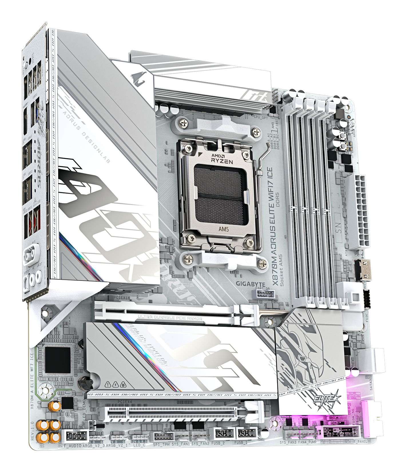 GIGABYTE X870M AORUS ELITE WIFI7 ICE Placa Base Compatible con CPUs AMD Ryzen 9000, VRM digital de 14+2+2 fases, hasta 8200 Hz DDR5 (O.C), 1� PCIe 5.0 + 1� PCIe 4.0, Wi-Fi 7, LAN 2.5 GbE, USB 4