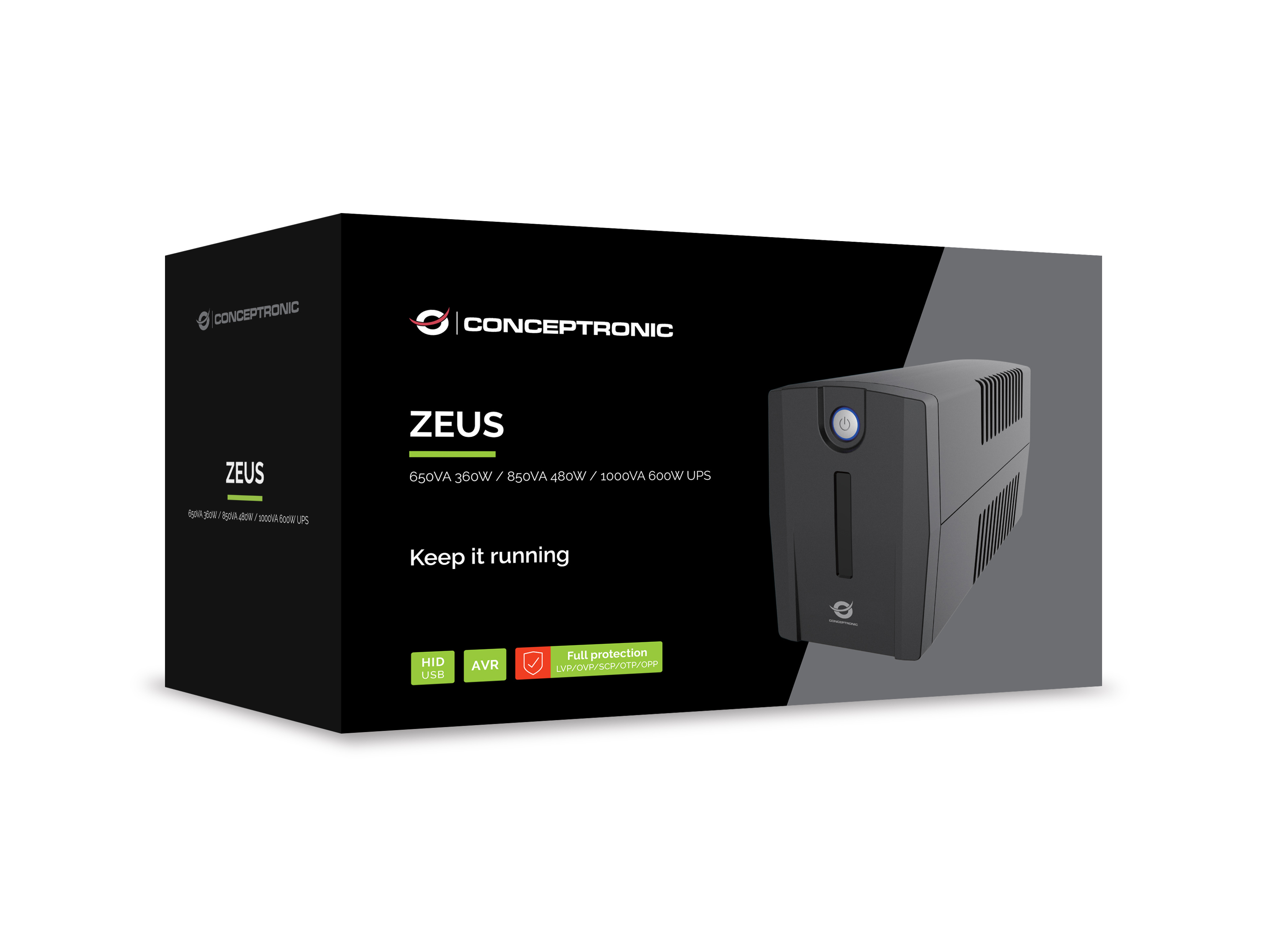 Conceptronic ZEUS02G 850VA 480W UPS, UK socket x 2, HID USB, RJ45 In/Out, AVR