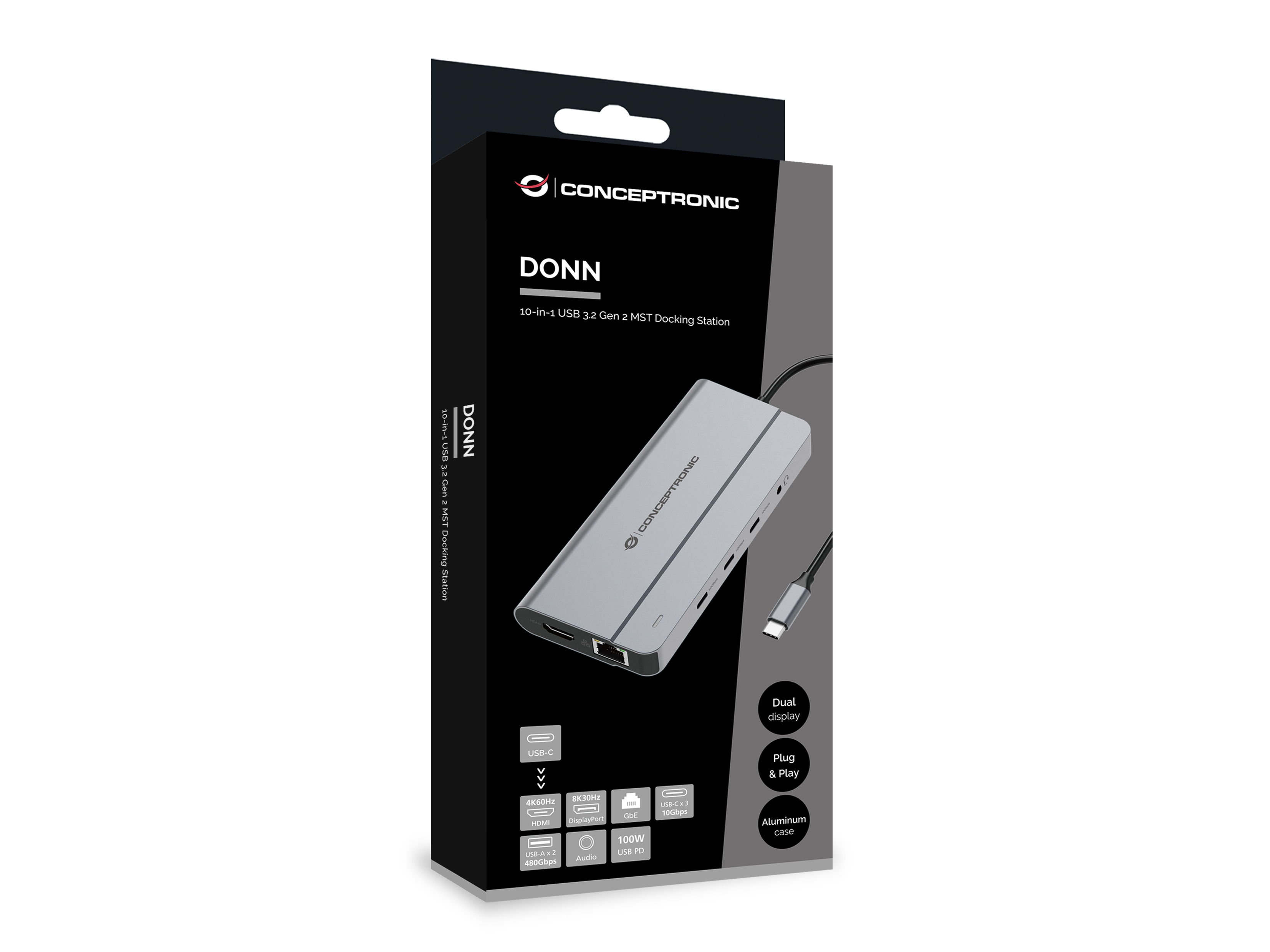 Conceptronic DONN34G 10-in-1 USB 3.2 Gen 2 MST Docking Station, 4K60Hz HDMI, 8K30Hz DisplayPort, GbE, USB-C 10Gbps x 3, USB-A 480Mbps x 2, Audio, 100W USB PD