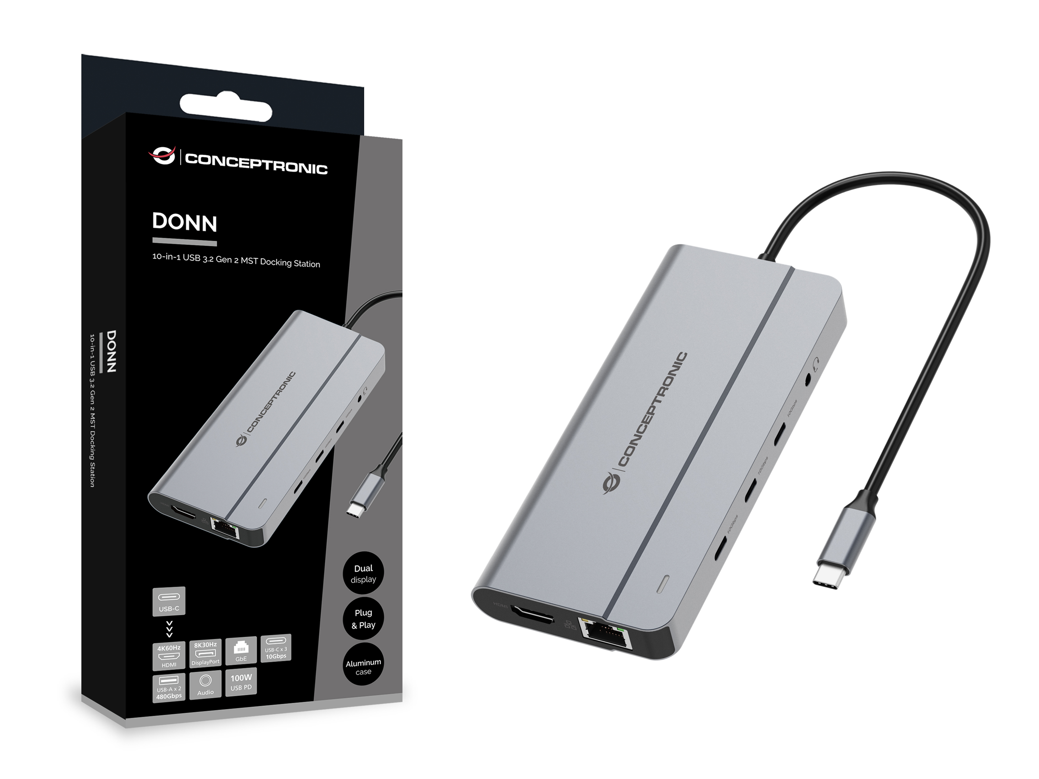 Conceptronic DONN34G 10-in-1 USB 3.2 Gen 2 MST Docking Station, 4K60Hz HDMI, 8K30Hz DisplayPort, GbE, USB-C 10Gbps x 3, USB-A 480Mbps x 2, Audio, 100W USB PD