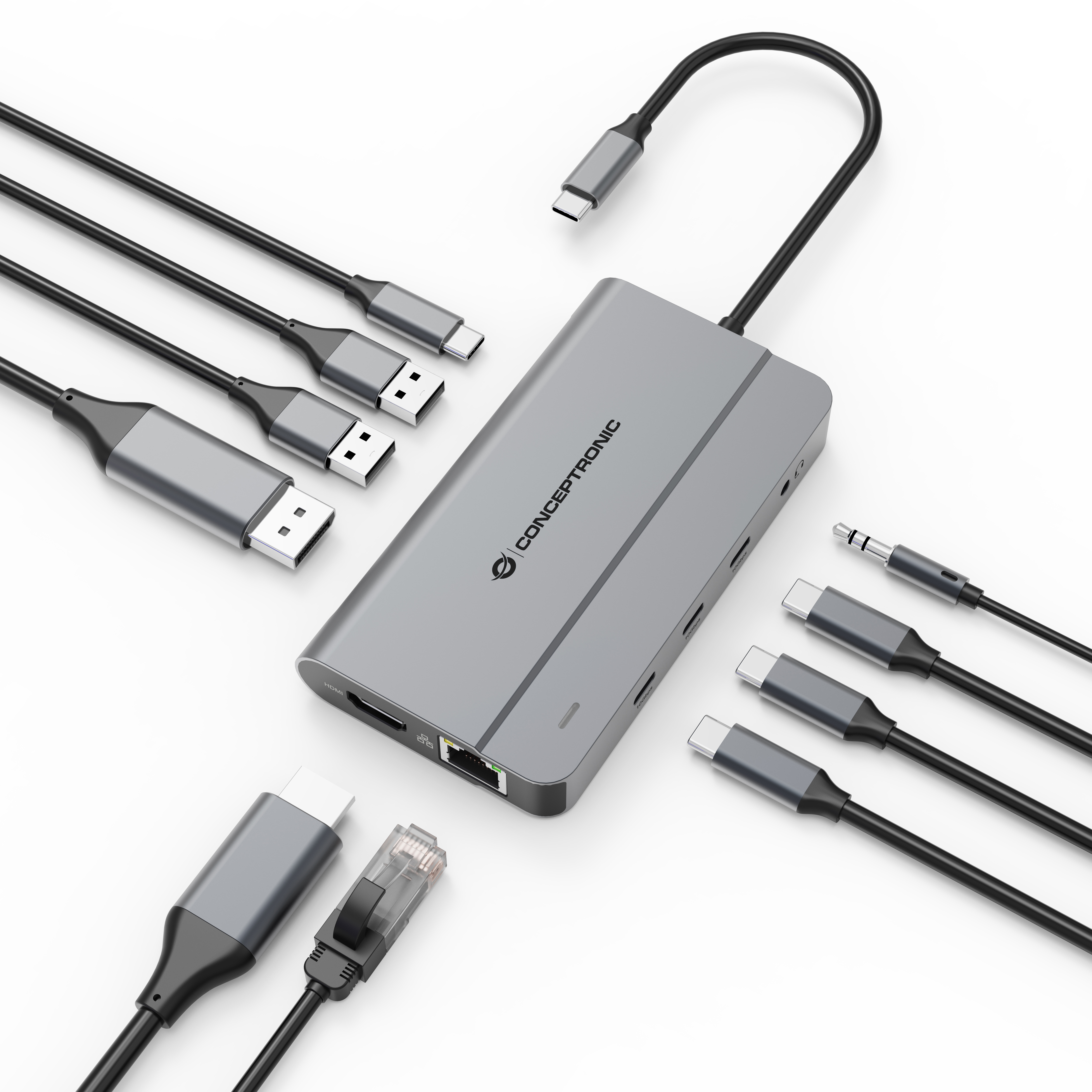 Conceptronic DONN34G 10-in-1 USB 3.2 Gen 2 MST Docking Station, 4K60Hz HDMI, 8K30Hz DisplayPort, GbE, USB-C 10Gbps x 3, USB-A 480Mbps x 2, Audio, 100W USB PD