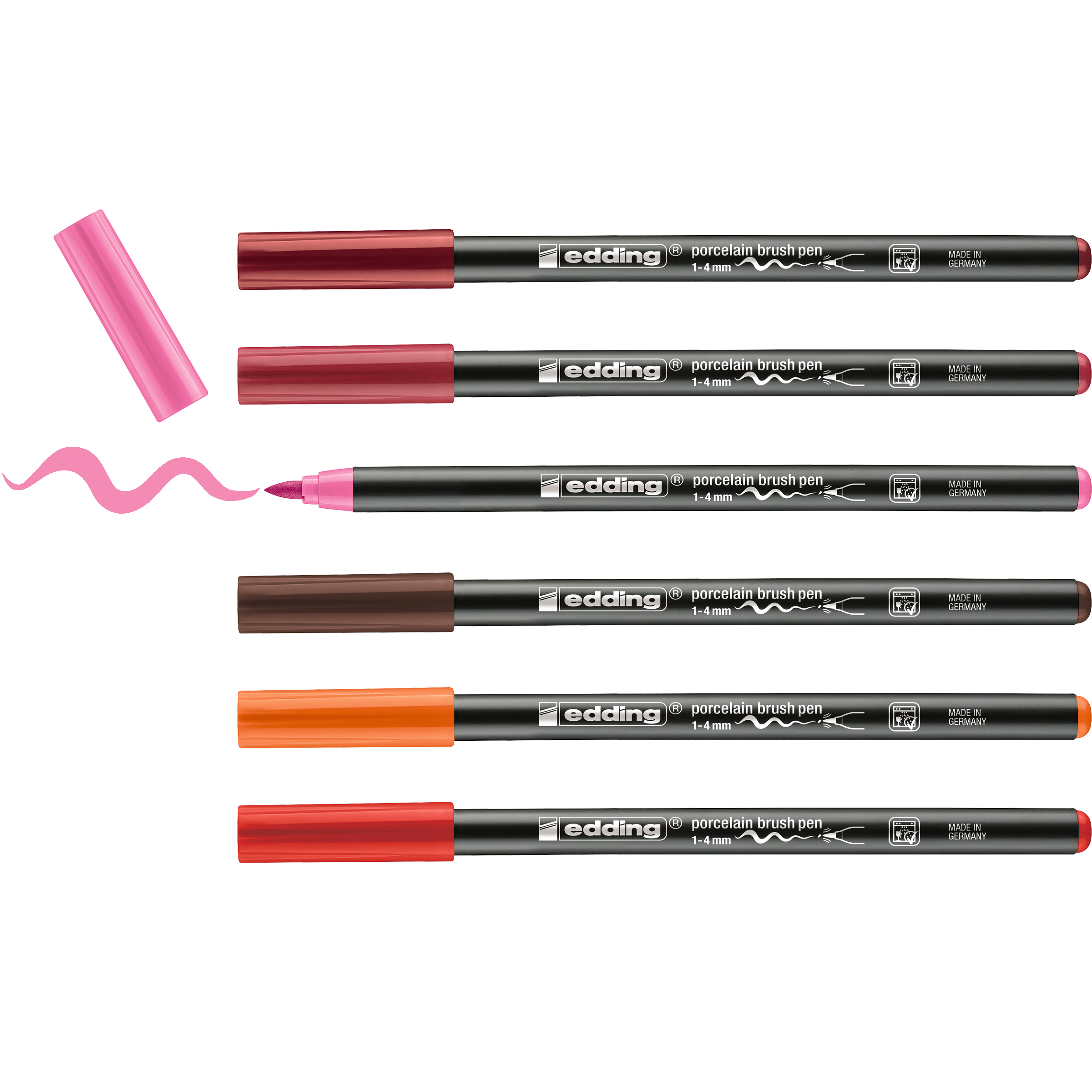 EDDING 4200 porcelain - Pinselstift - f�r Glas, Keramik, Porzellan - Rot, Orange, braun, rosa, Karminrot, Crimson Lake - Wasserbasierte Pigmenttinte - 1-4 mm (Packung mit 6)