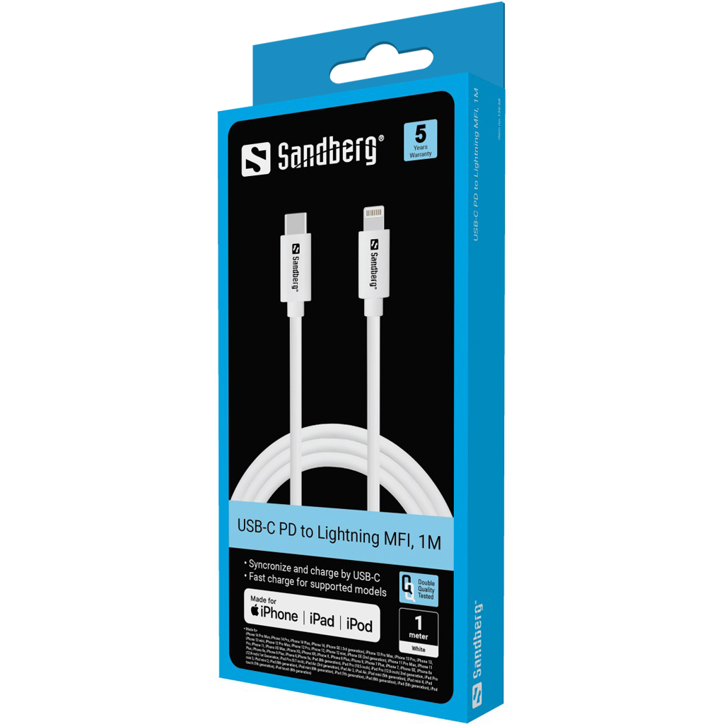 Sandberg USB-C PD to Lightning MFI, 1M Blanco