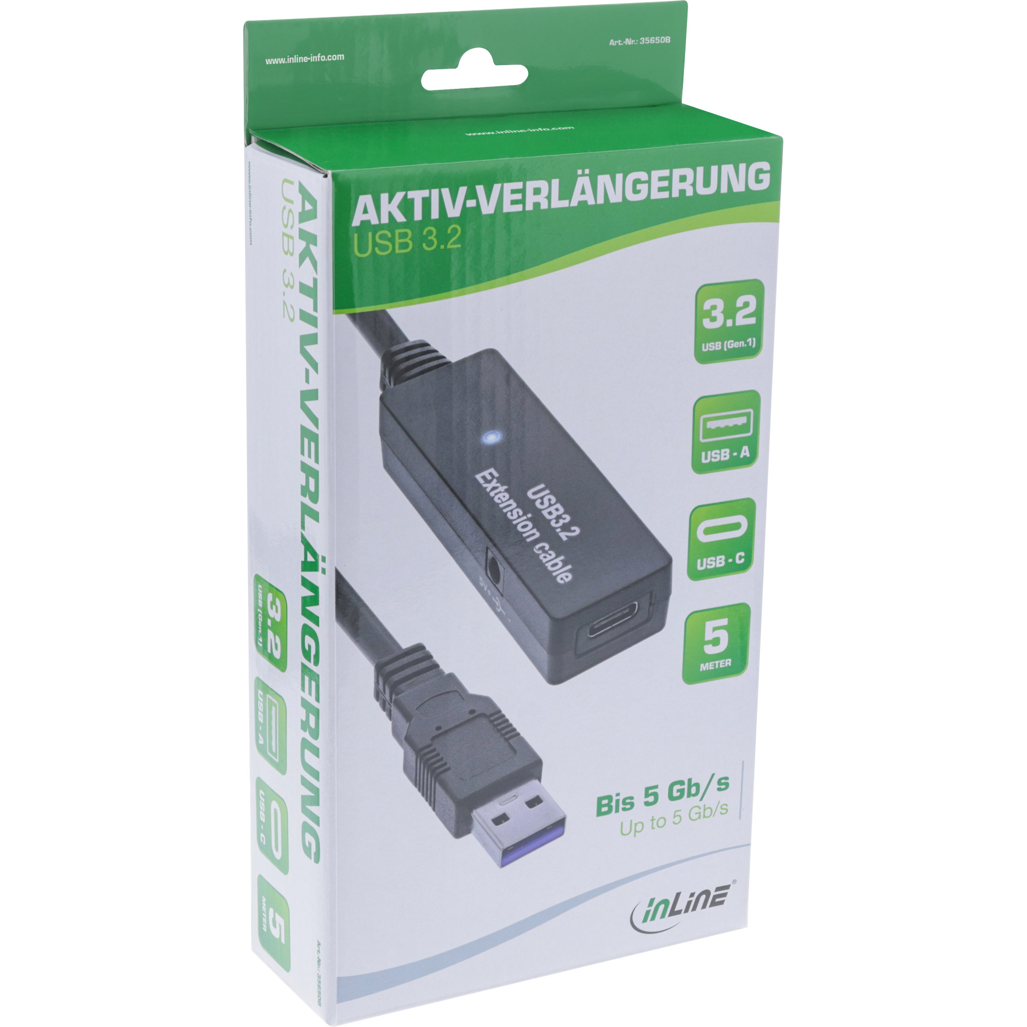 InLine USB 3.2 Gen.1 Aktiv-Verl�ngerung - USB-A Stecker an USB-C Buchse - 5m