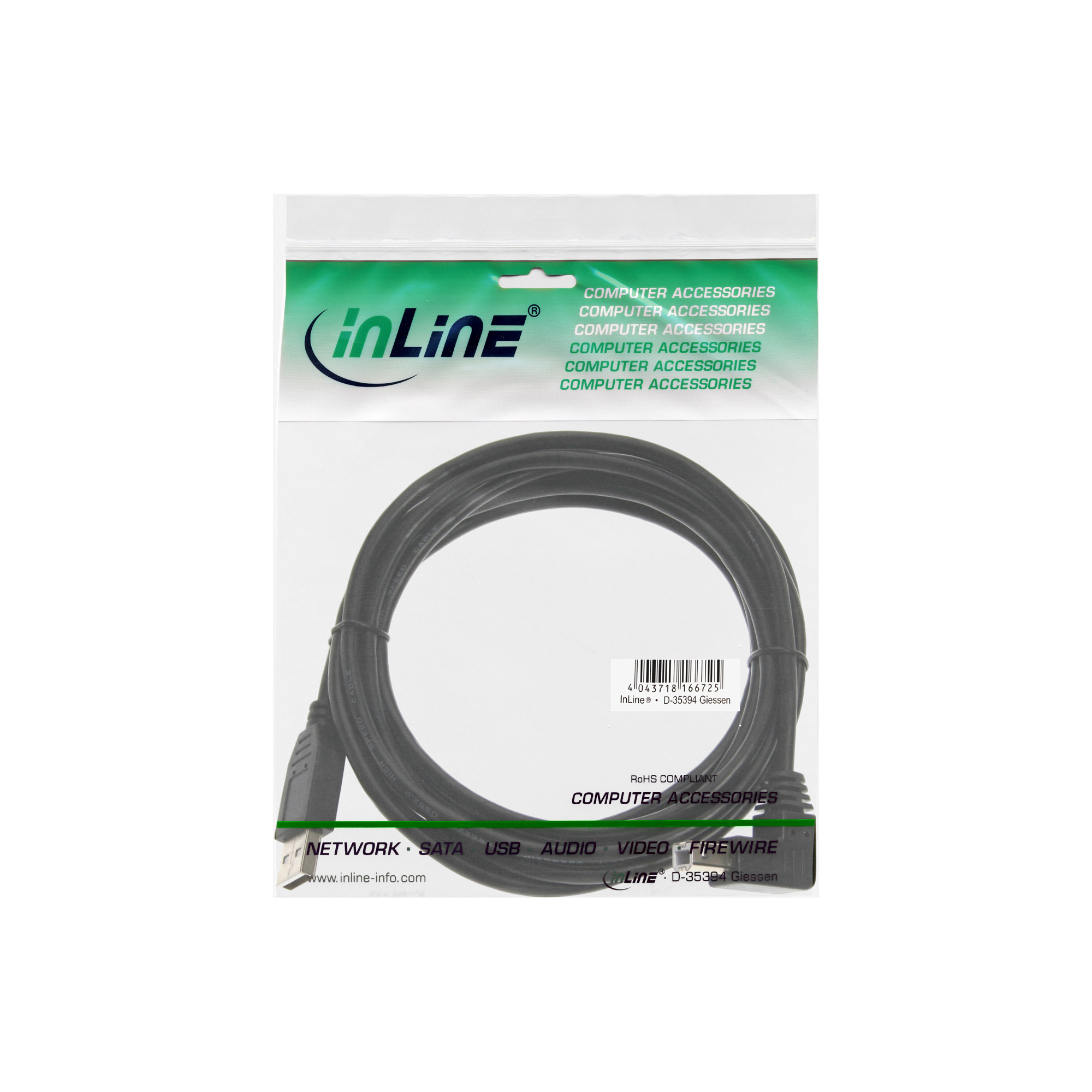 InLine USB 2.0 Cable down angled Type A male / B male, black, 2m