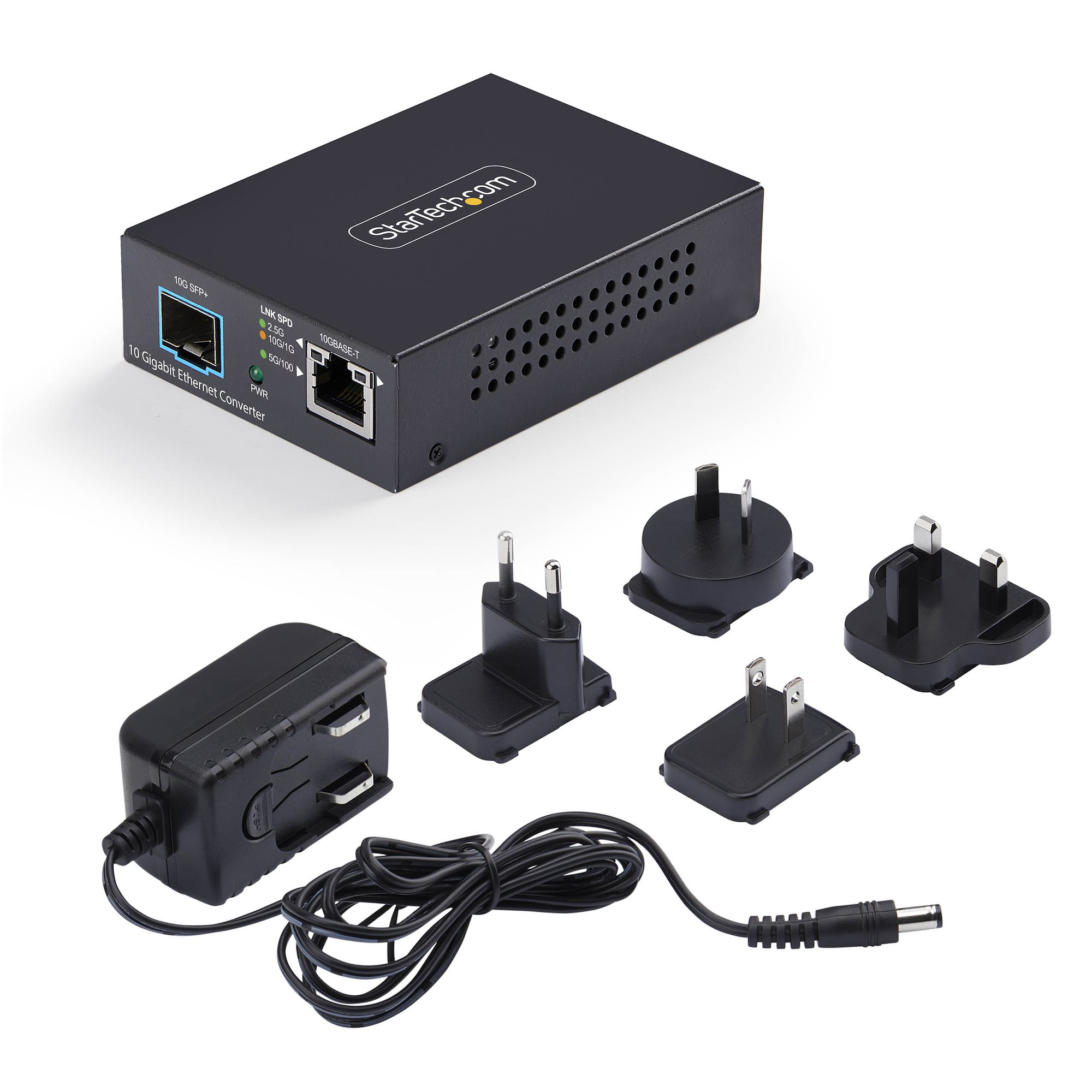 StarTech.com 10GbE Multi-Gigabit Open SFP+ Fiber Media Converter, 10G/5G/2.5G/1G/100M, Copper to 10GBASE-X SFP+, Single-Mode, Multi-Mode, 16K Jumbo Frames, TAA