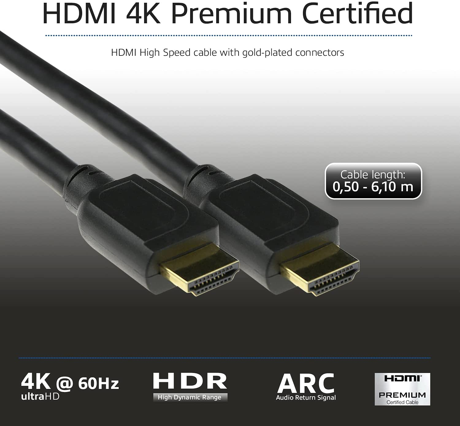 ACT 0.5 meters HDMI High Speed premium certified cable v2.0 HDMI-A male - HDMI-A male