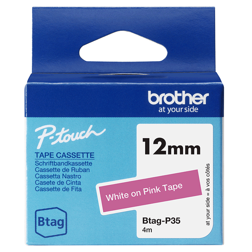 Brother Schriftband BTAG-P35 Wei auf Pink 12 mm x 4 m