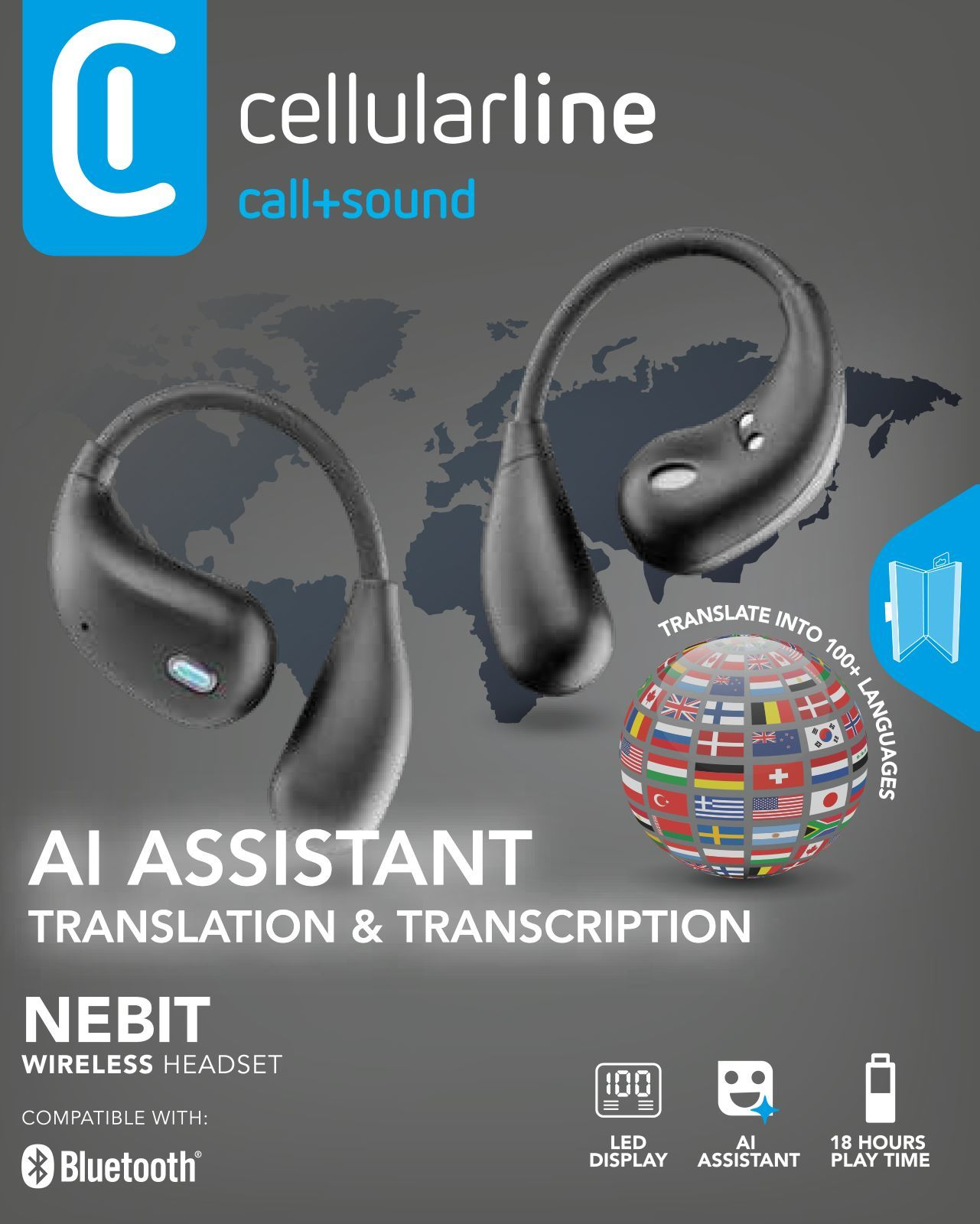 Cellularline Nebit TWS Translator NEBIT TWS earbuds with real-time translation functionality. Elegant and intelligent, designed to break language barriers and support instant communication and transcription.