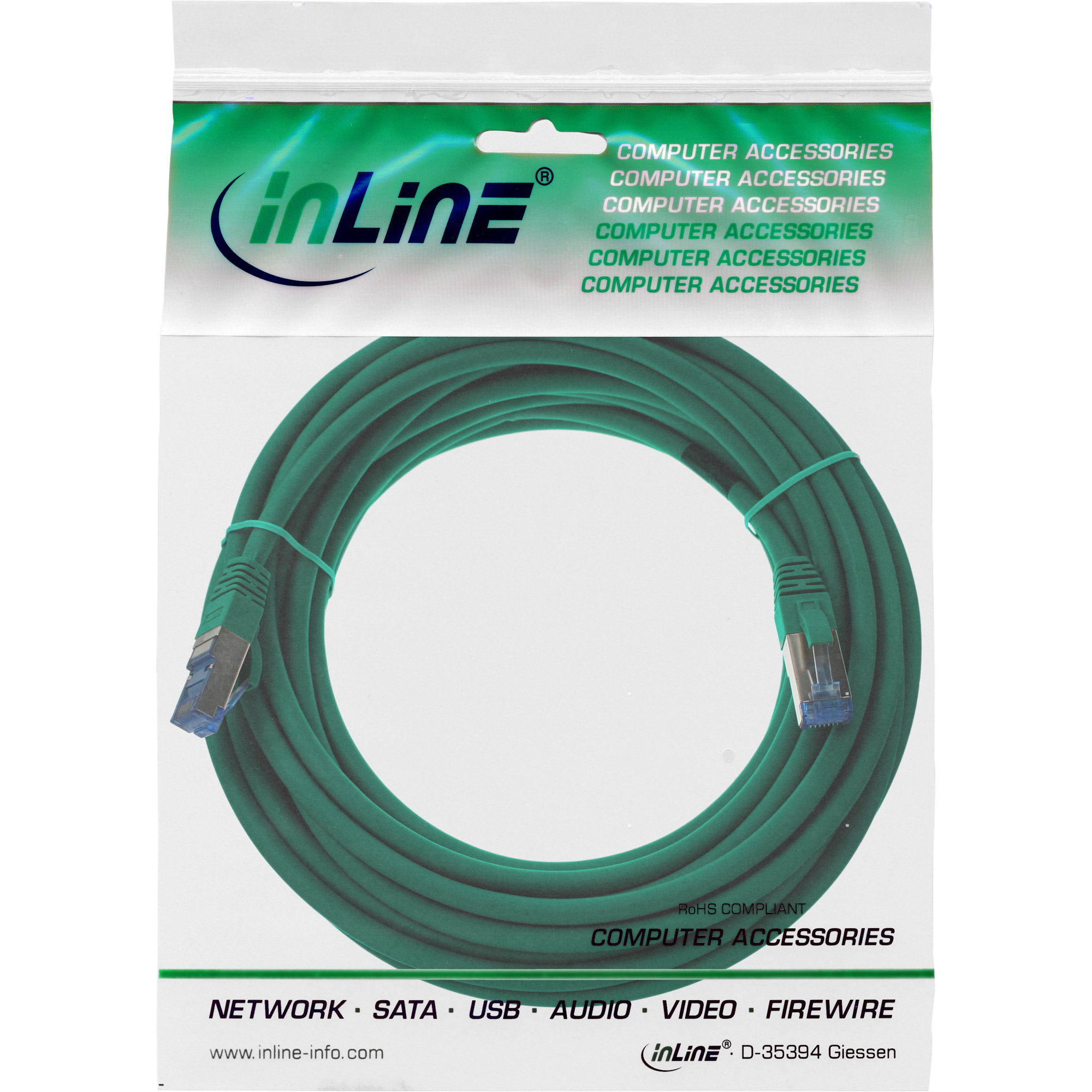 InLine Patch Cable S/FTP PiMF Cat.6A halogen free 500MHz green 20m