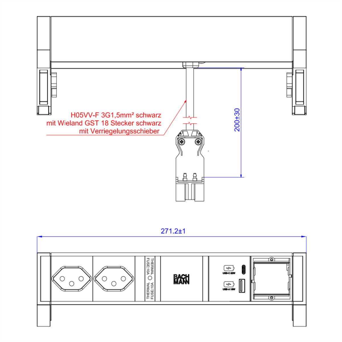Bachmann DESK 2 - Steckdosenleiste - Eingabe, Eingang GST18 - Ausgangsanschl�sse: 2 (USB, 24 pin USB-C, 2 x T13)